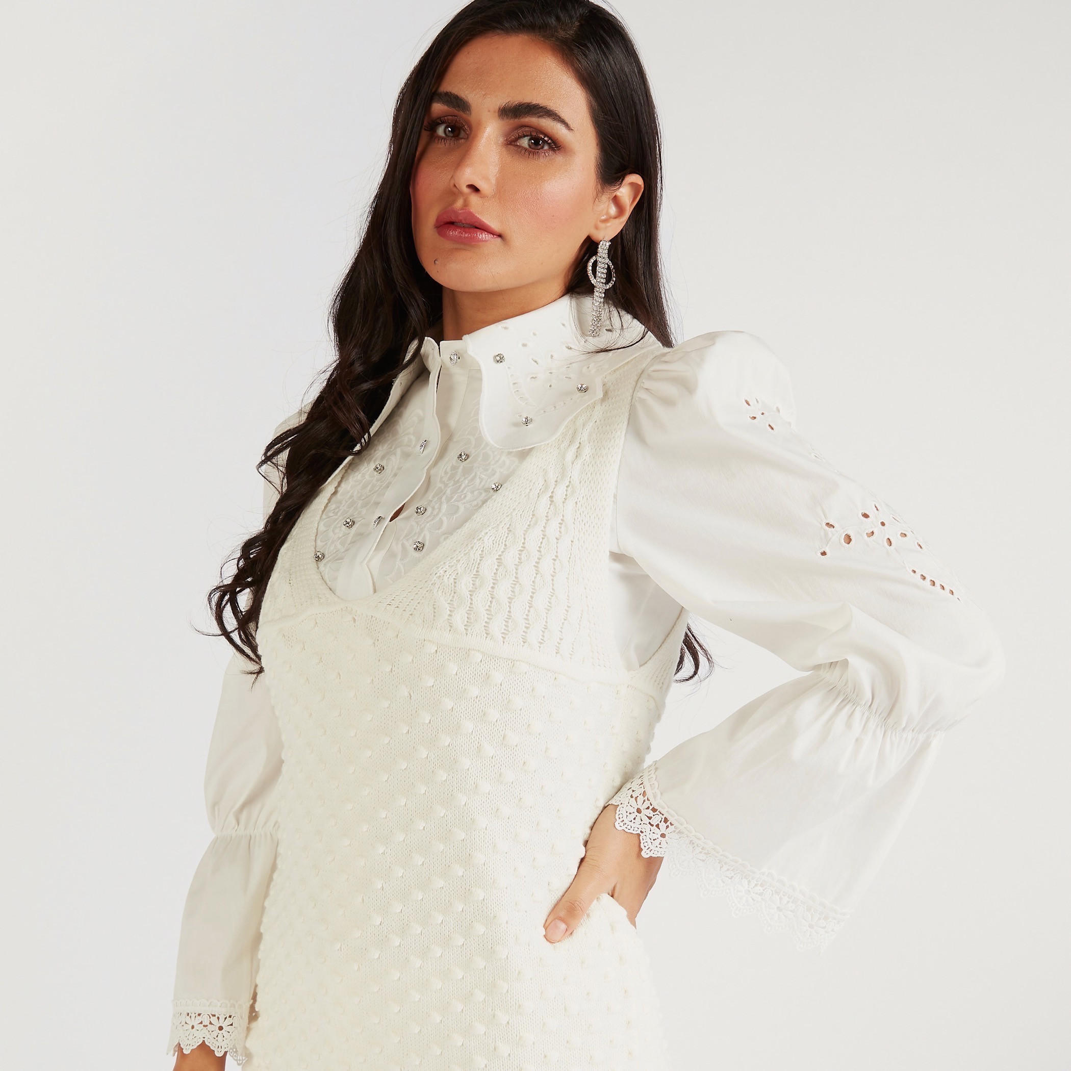 فستان متوسط الطول بارز الملمس بياقة مستديرة ودون أكمام من آيكونيك-women-clothing-dresses-image-3