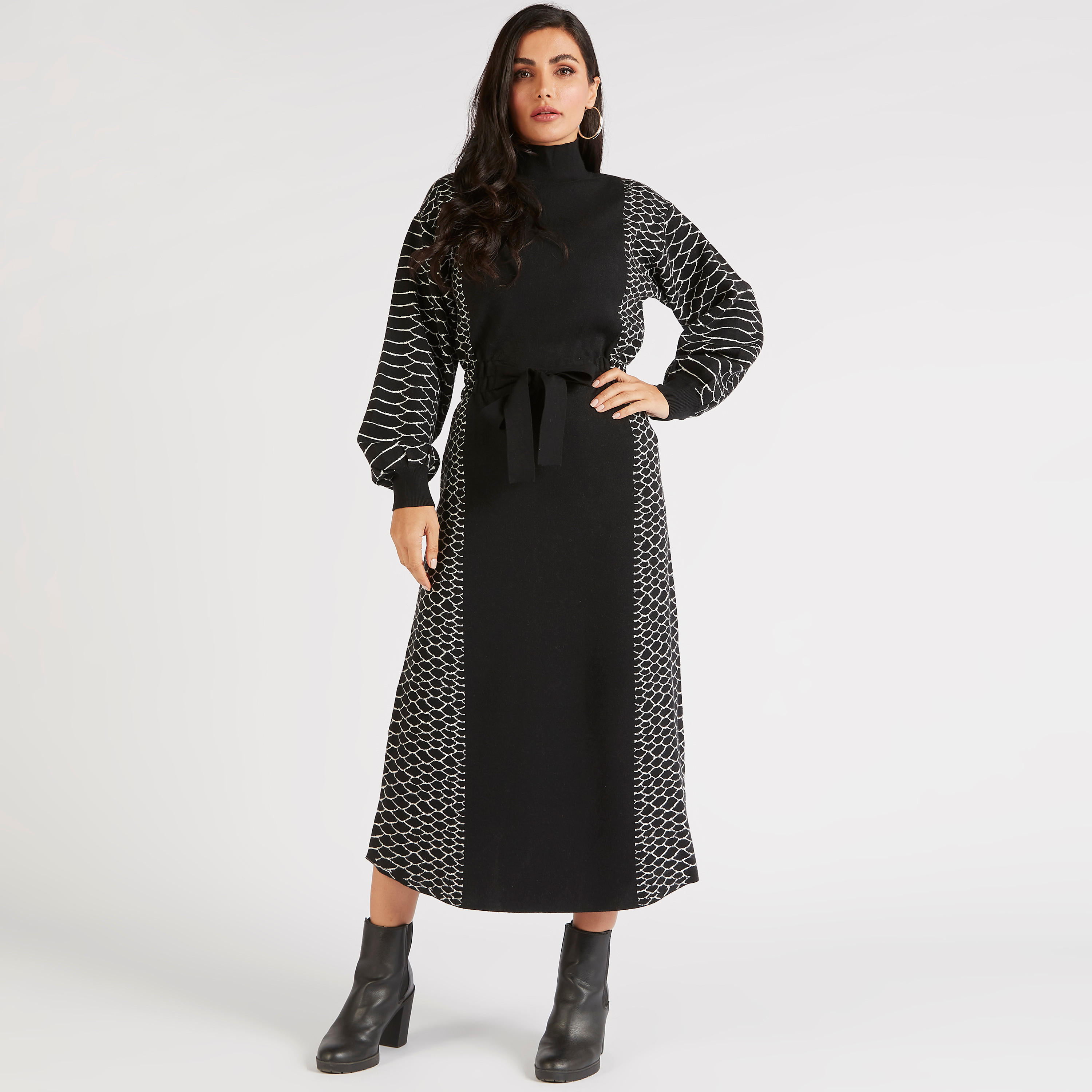 فستان إيه لاين بارز الملمس طويل بأكمام طويلة وأربطة على الخصر من آيكونيك-women-clothing-dresses-image-2