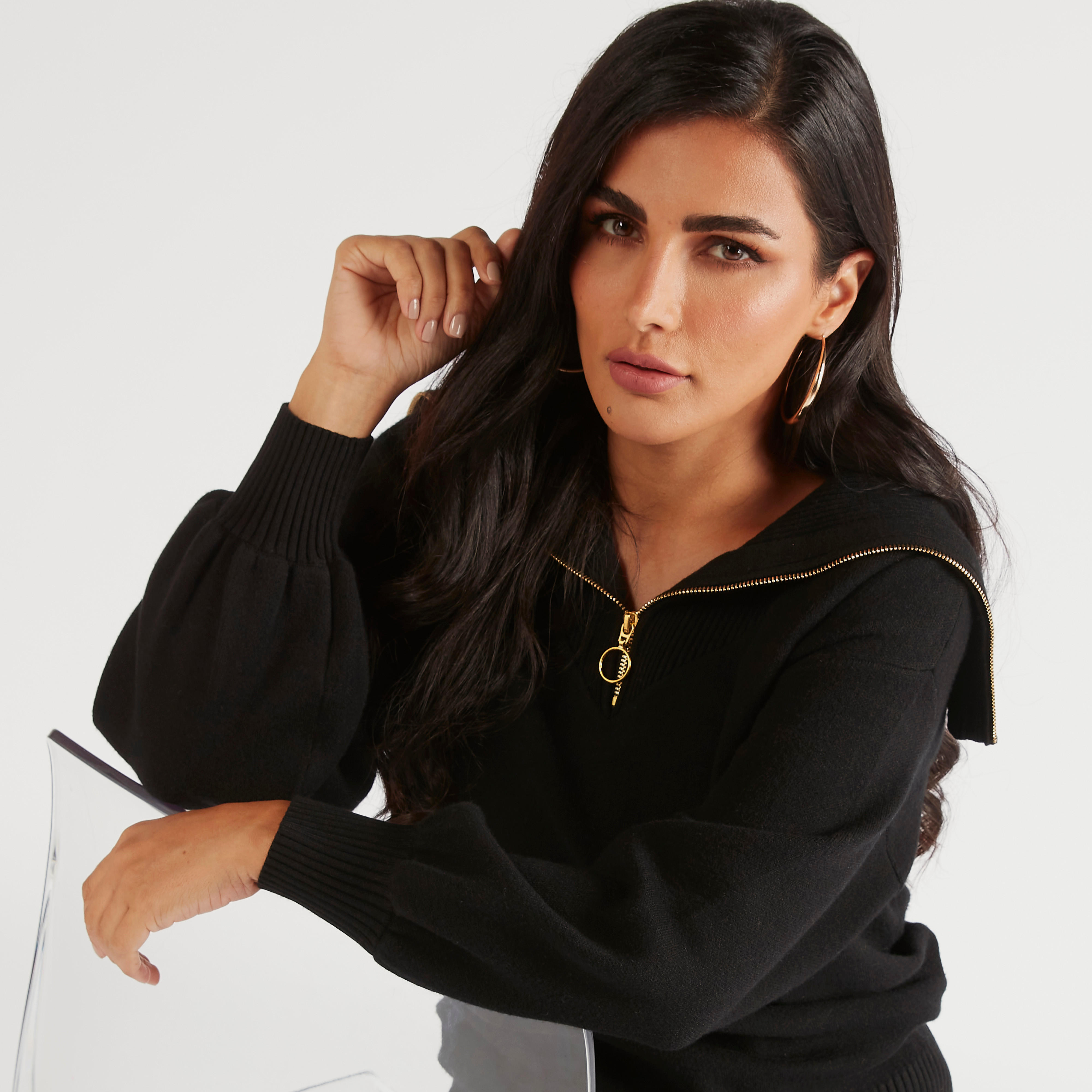 سويت شيرت سادة بأكمام طويلة وياقة مضلّعة من آيكونيك-women-winterwear-hoodiesandsweatshirts-hoodies-image-7