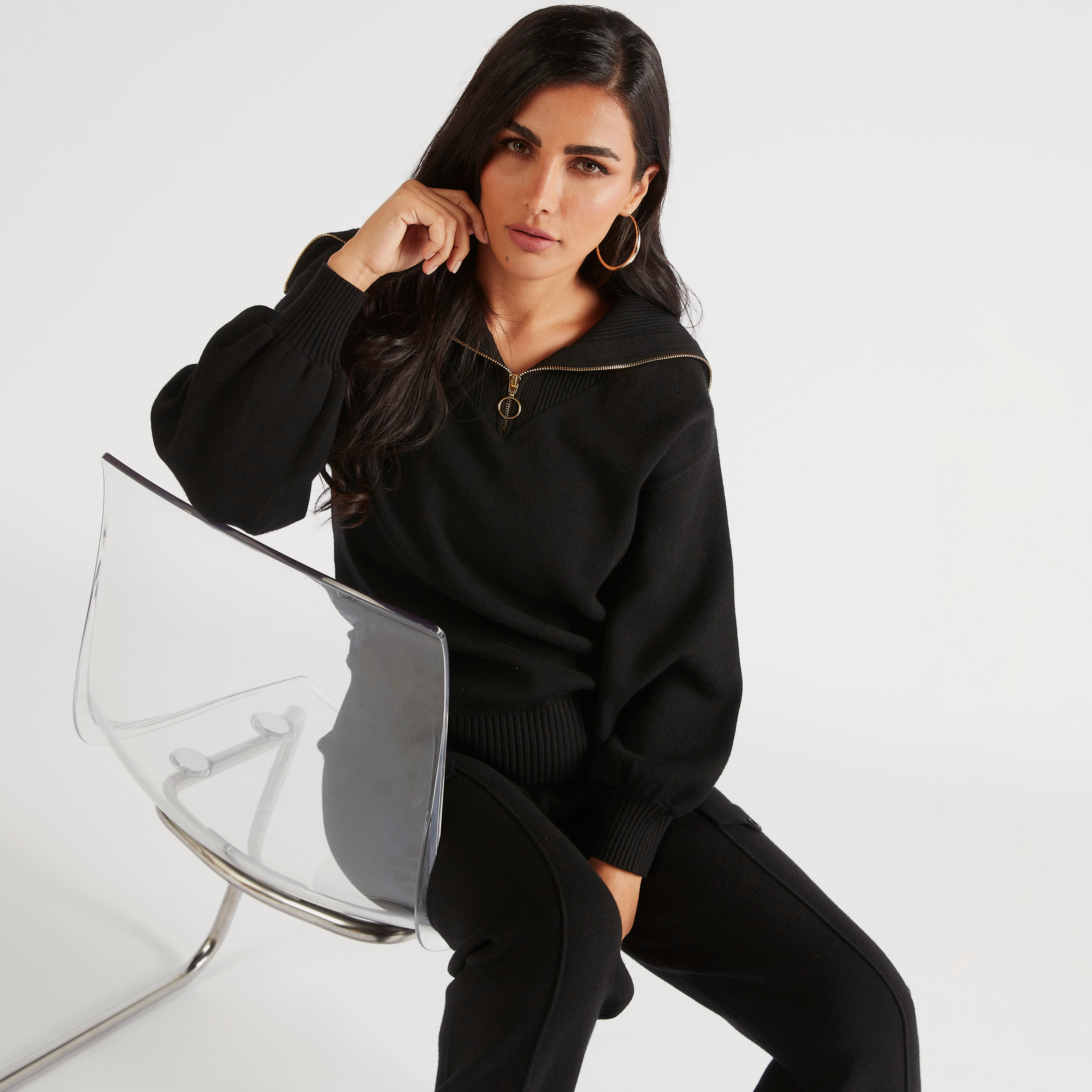 سويت شيرت سادة بأكمام طويلة وياقة مضلّعة من آيكونيك-women-winterwear-hoodiesandsweatshirts-hoodies-image-6