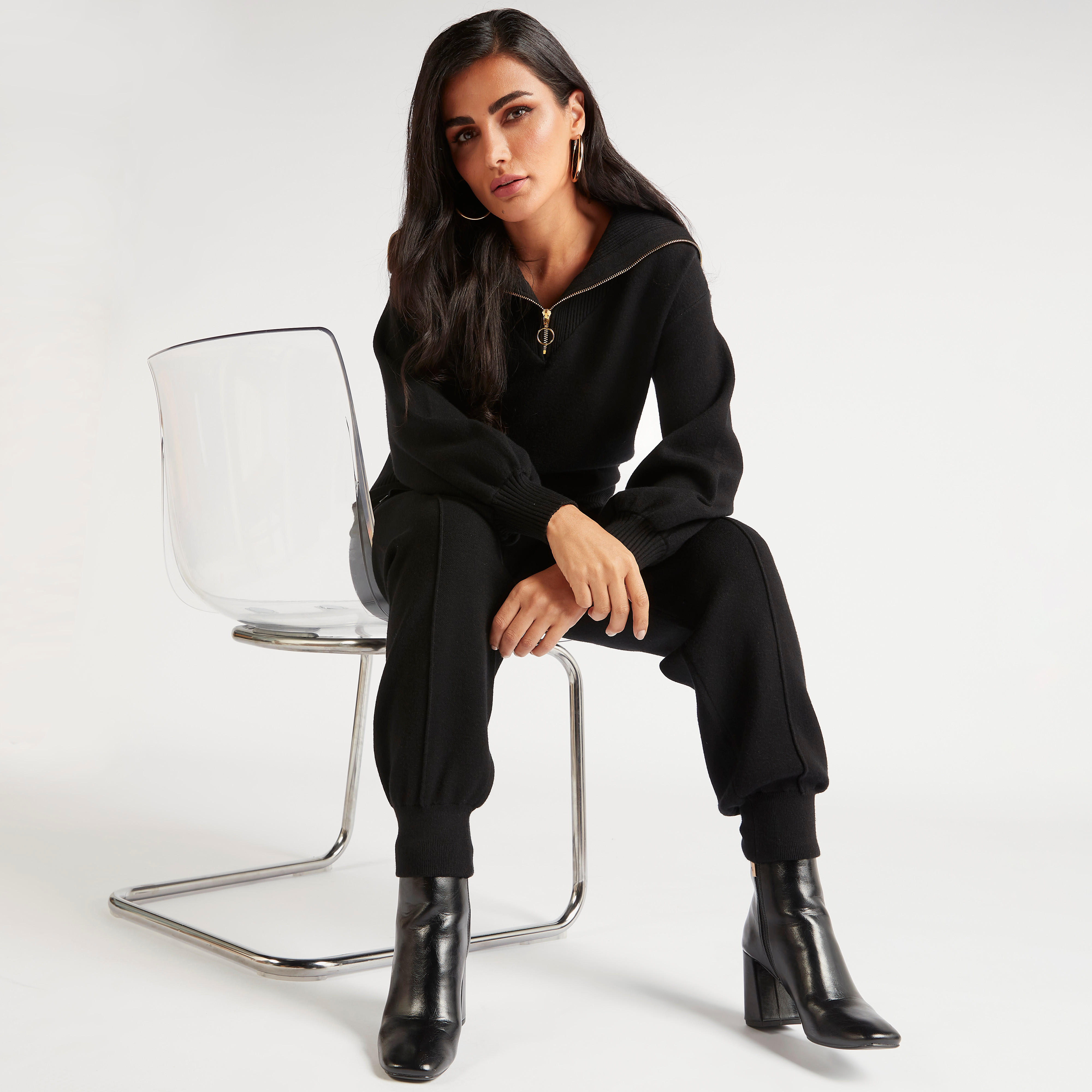 سويت شيرت سادة بأكمام طويلة وياقة مضلّعة من آيكونيك-women-winterwear-hoodiesandsweatshirts-hoodies-image-5