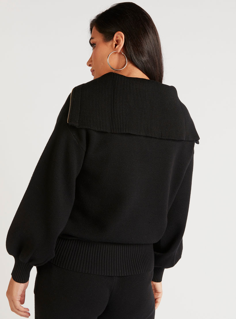 سويت شيرت سادة بأكمام طويلة وياقة مضلّعة من آيكونيك-women-winterwear-hoodiesandsweatshirts-hoodies-image-4