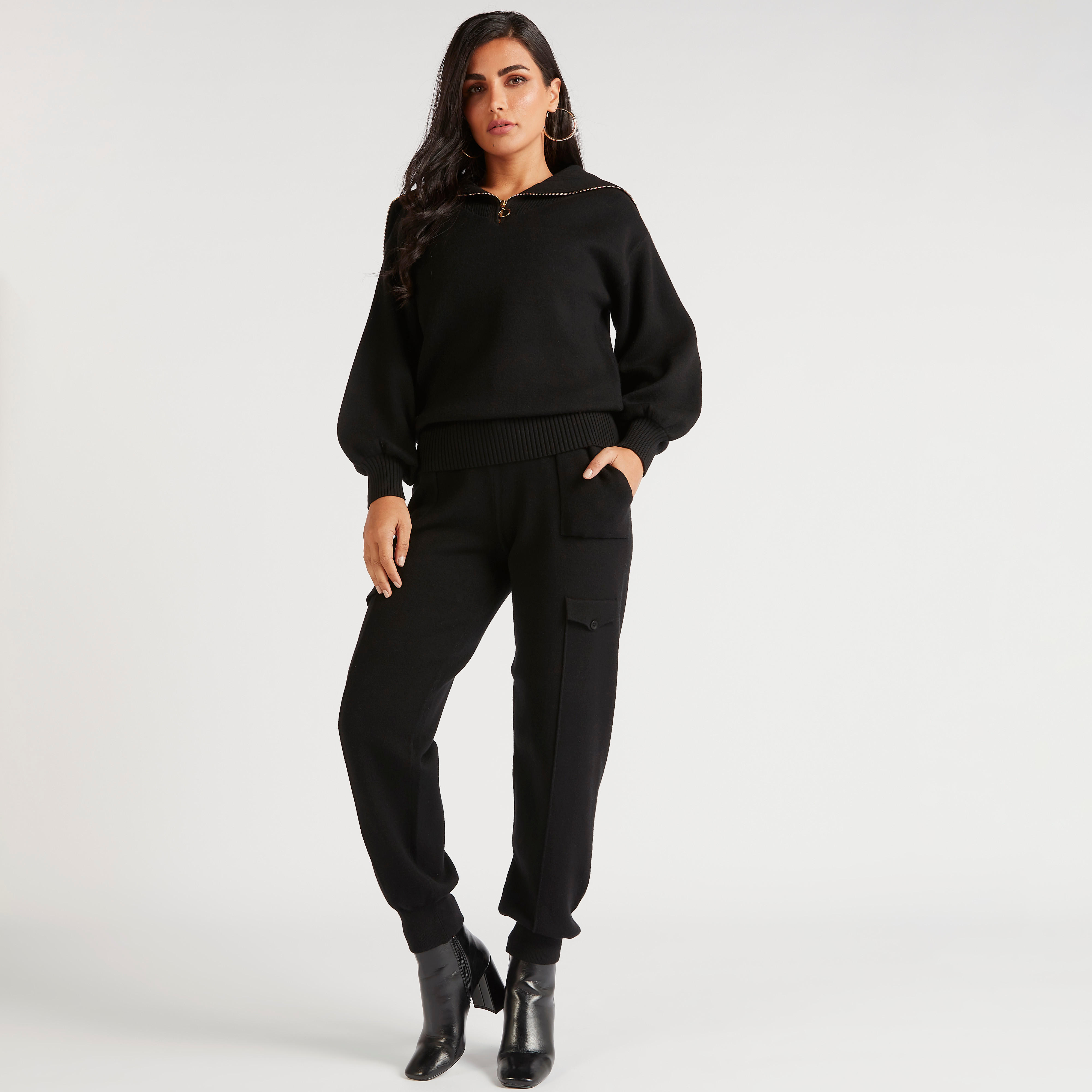 سويت شيرت سادة بأكمام طويلة وياقة مضلّعة من آيكونيك-women-winterwear-hoodiesandsweatshirts-hoodies-image-3