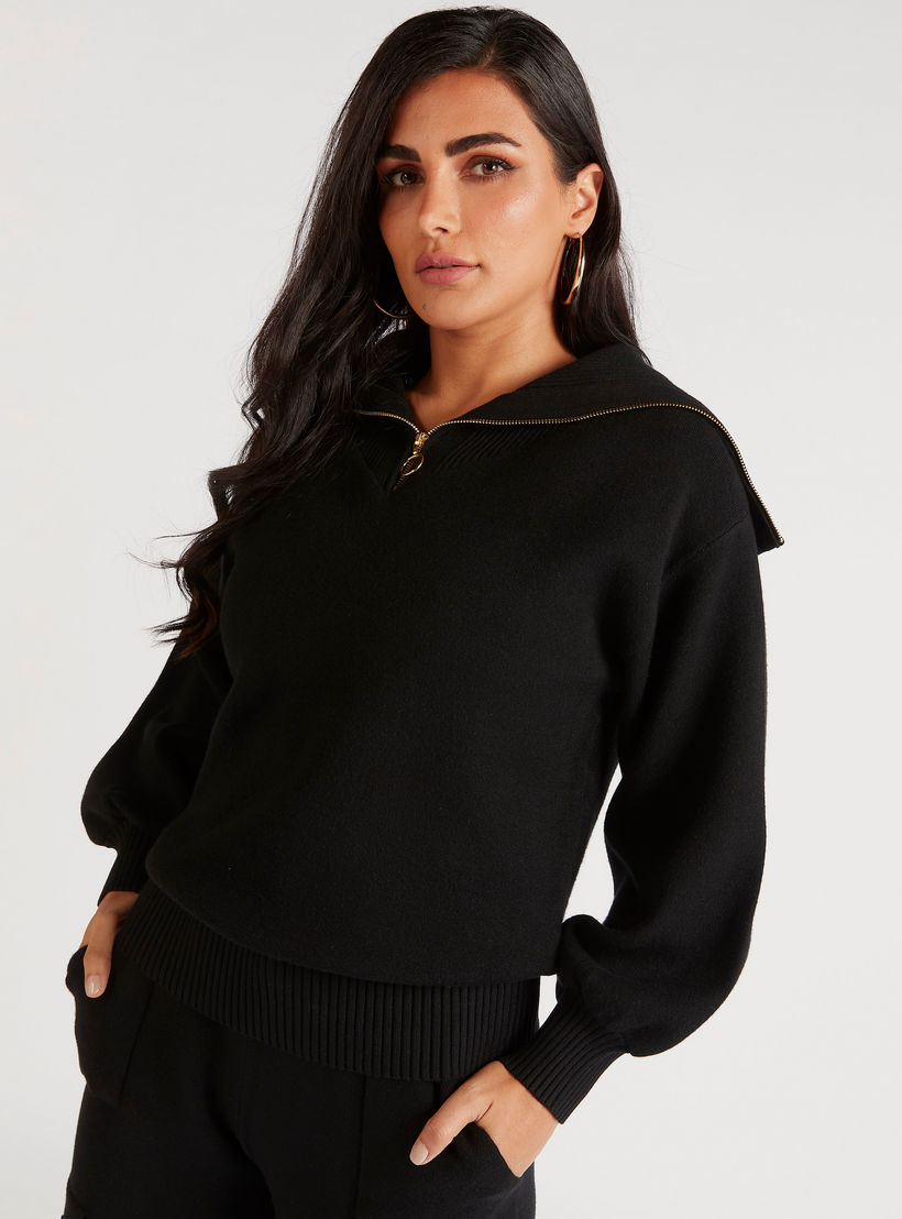 سويت شيرت سادة بأكمام طويلة وياقة مضلّعة من آيكونيك-women-winterwear-hoodiesandsweatshirts-hoodies-image-2