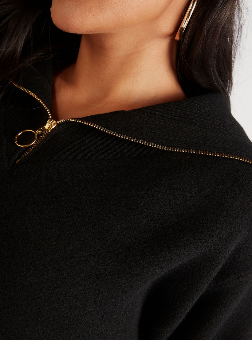 سويت شيرت سادة بأكمام طويلة وياقة مضلّعة من آيكونيك-women-winterwear-hoodiesandsweatshirts-hoodies-image-1