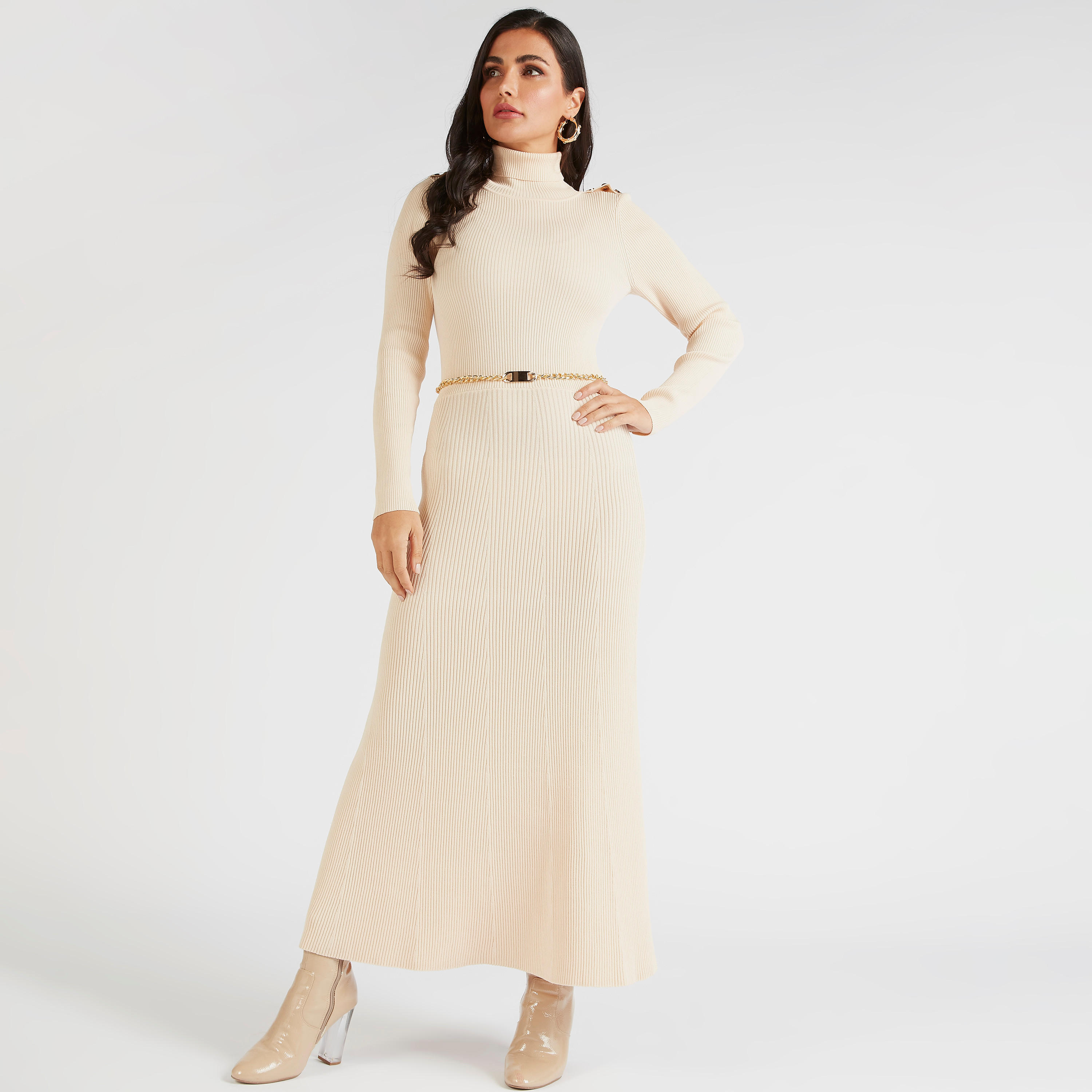 فستان طويل مضلّع بياقة عالية وأكمام طويلة من آيكونيك-women-clothing-dresses-image-1