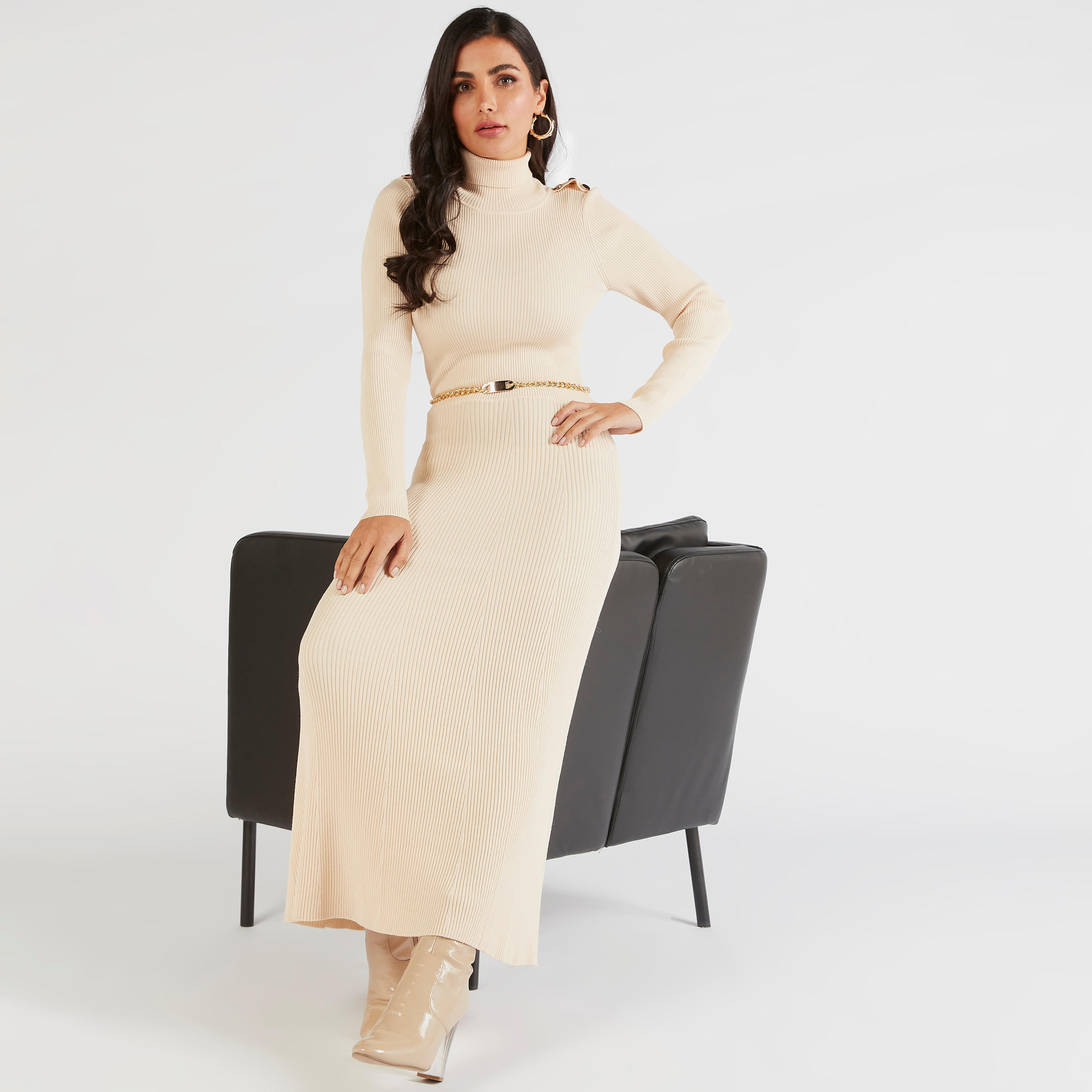 فستان طويل مضلّع بياقة عالية وأكمام طويلة من آيكونيك-women-clothing-dresses-image-2