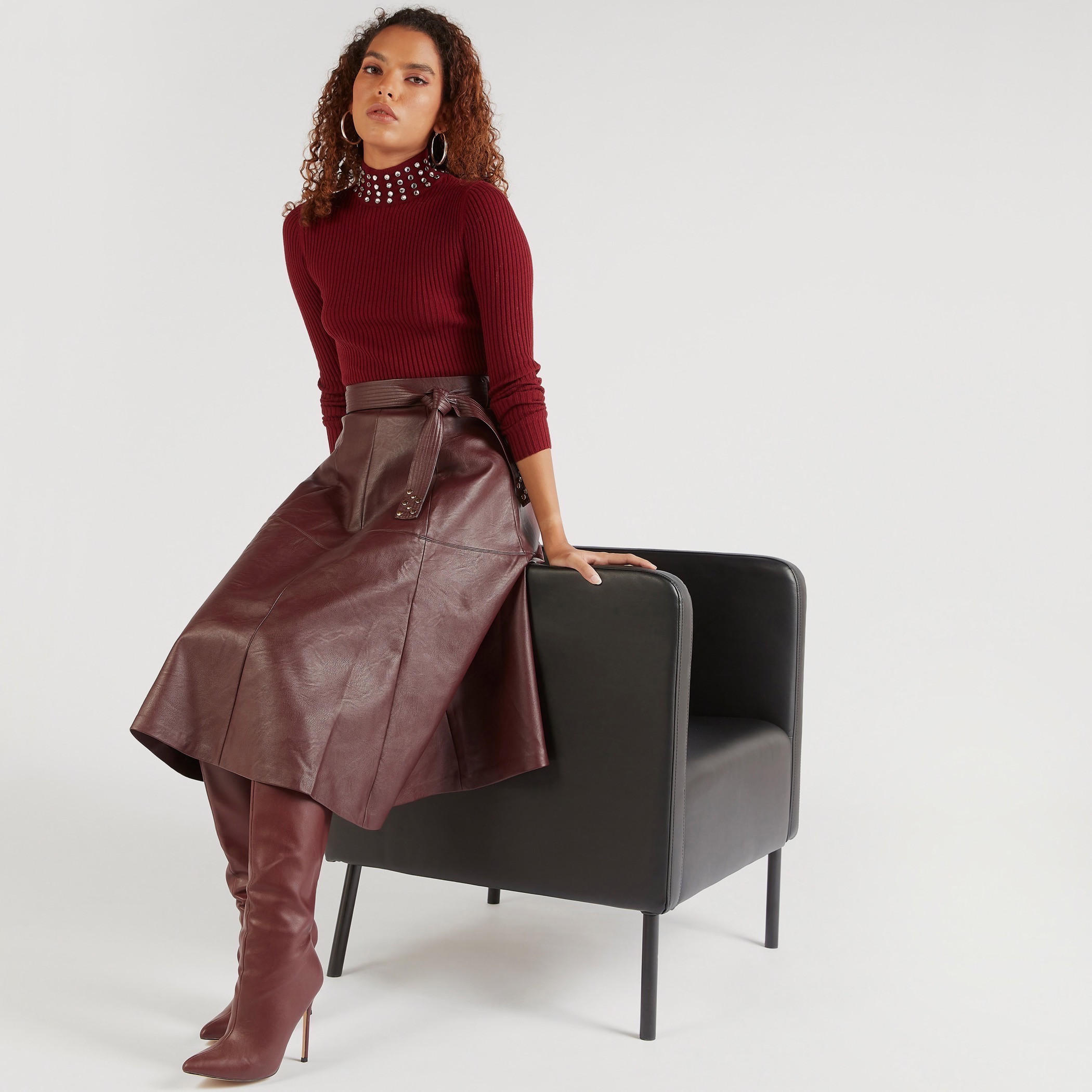 تنورة ميدي إيه لاين بارزة الملمس بحزام إغلاق من آيكونيك-women-clothing-bottoms-skirts-image-2