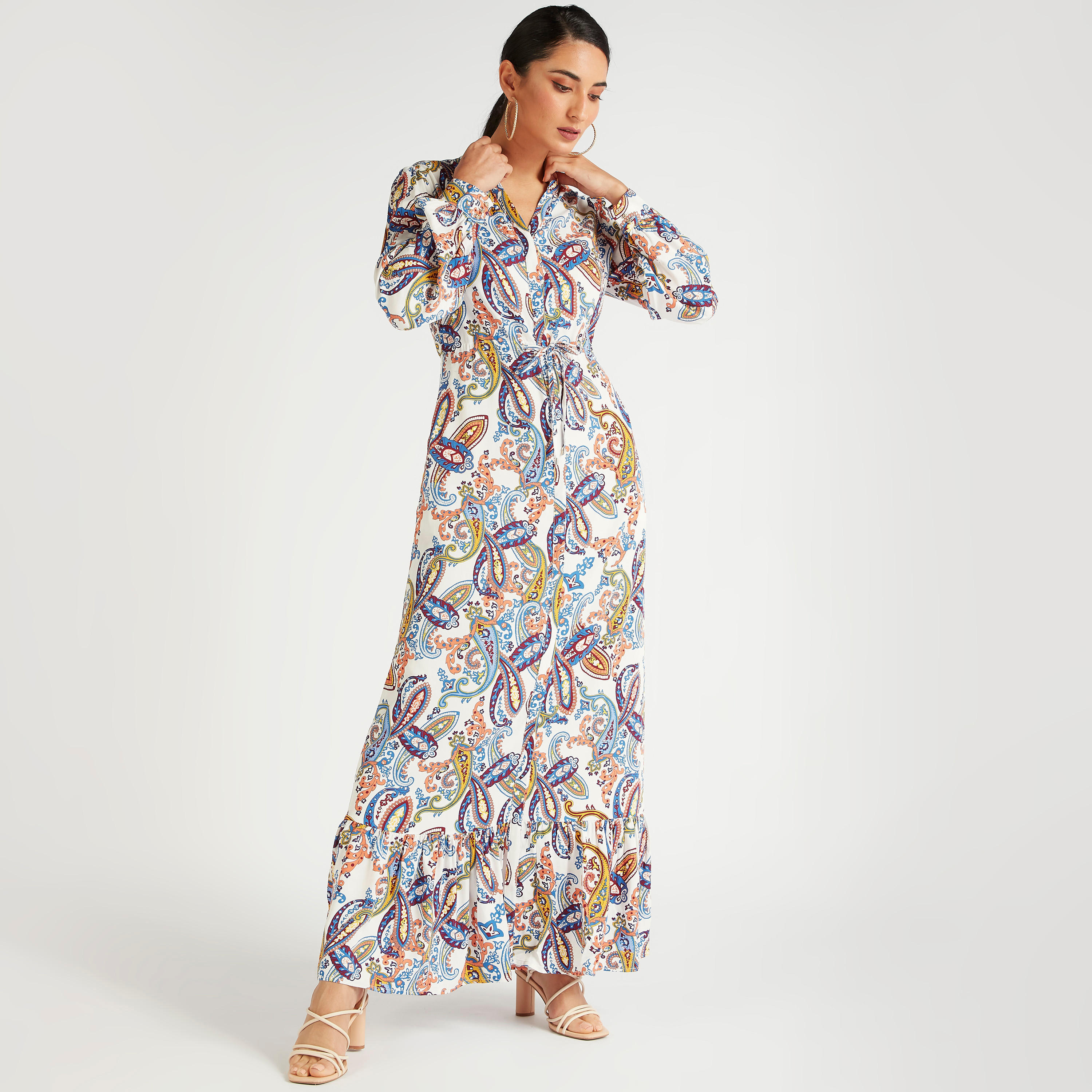 فستان إيه لاين طويل بطبعات بيزلي وأكمام طويلة من آيكونيك-women-clothing-dresses-image-2