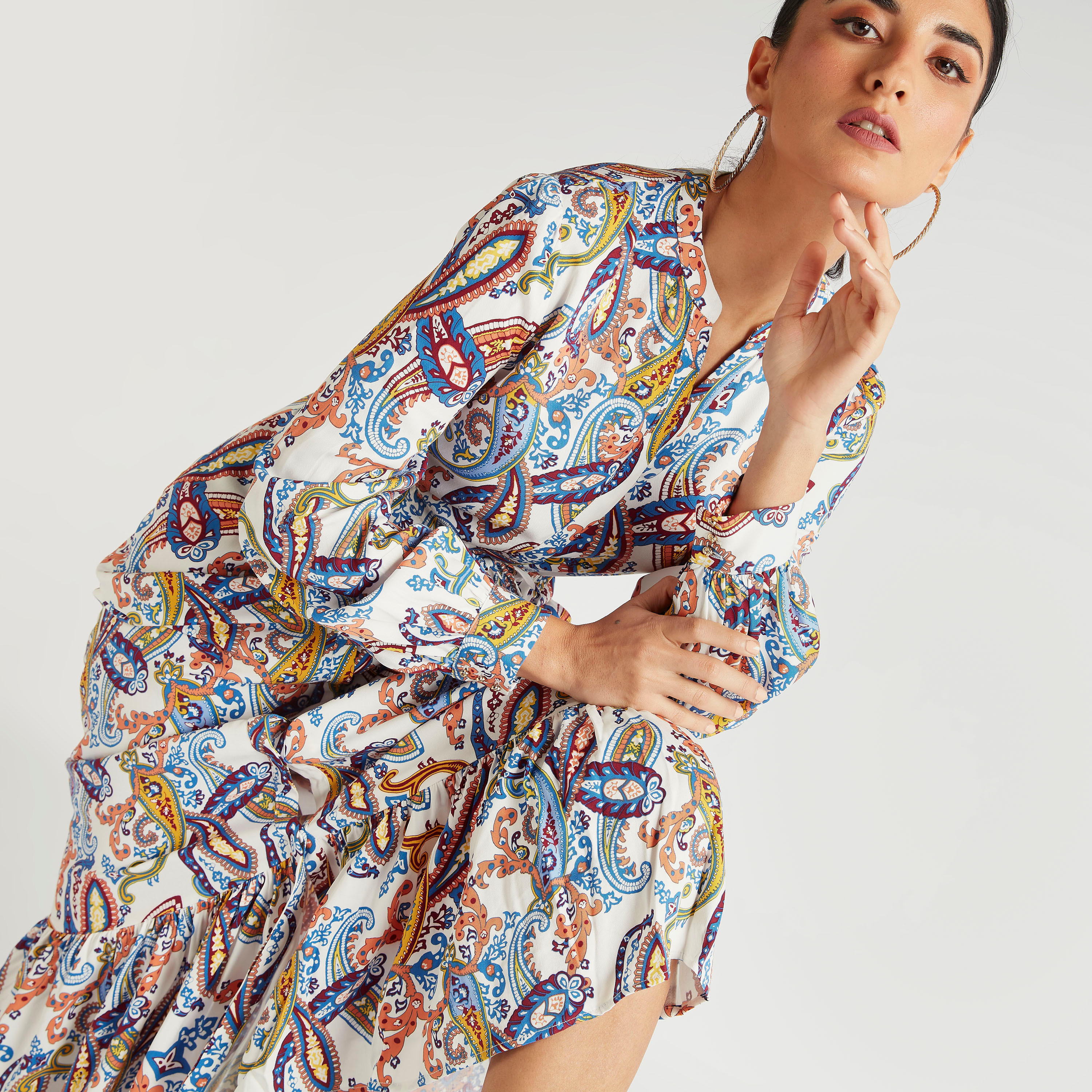 فستان إيه لاين طويل بطبعات بيزلي وأكمام طويلة من آيكونيك-women-clothing-dresses-image-6