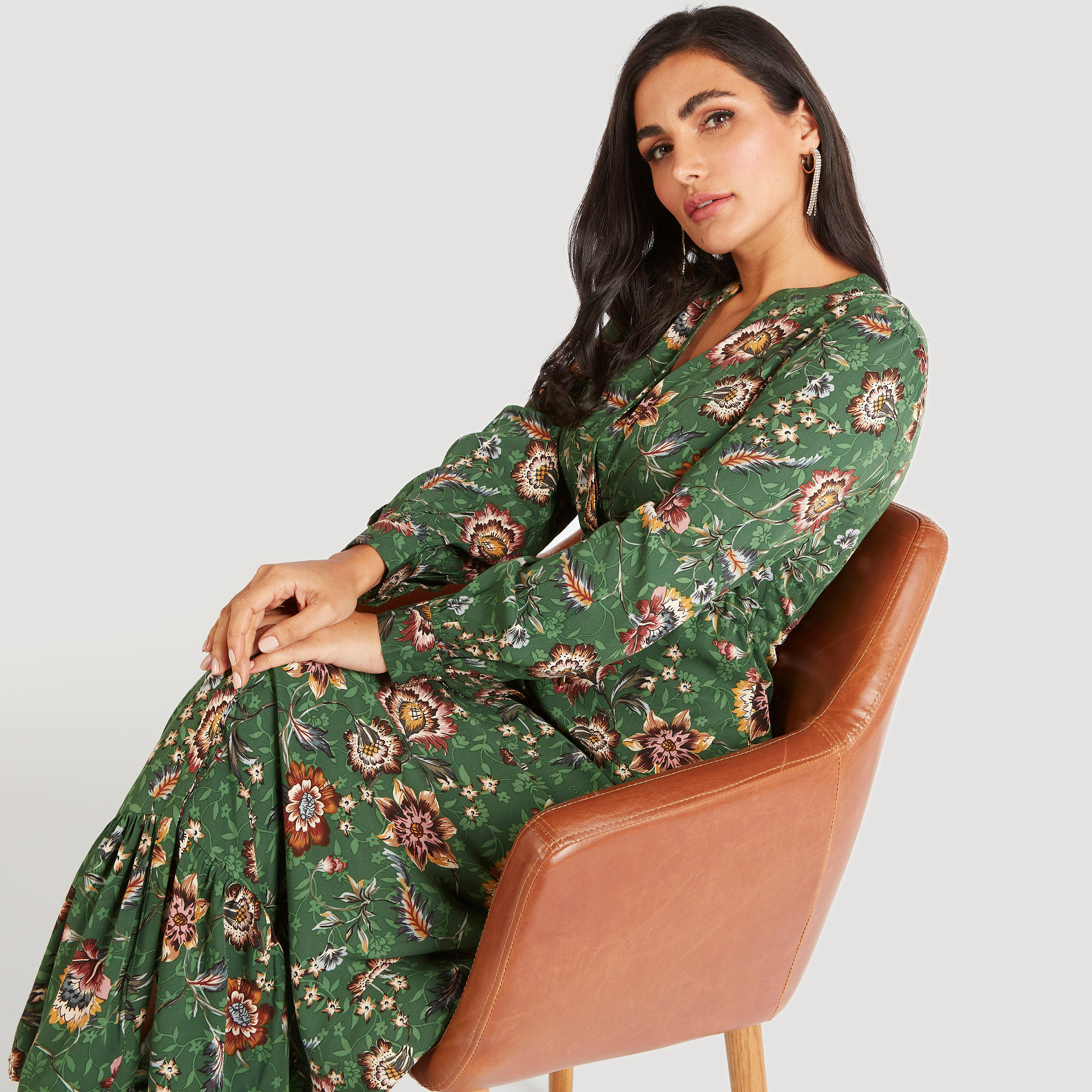 فستان إيه لاين طويل بطبعات أزهار ورباط إغلاق وكشكش من آيكونيك-women-clothing-dresses-image-1