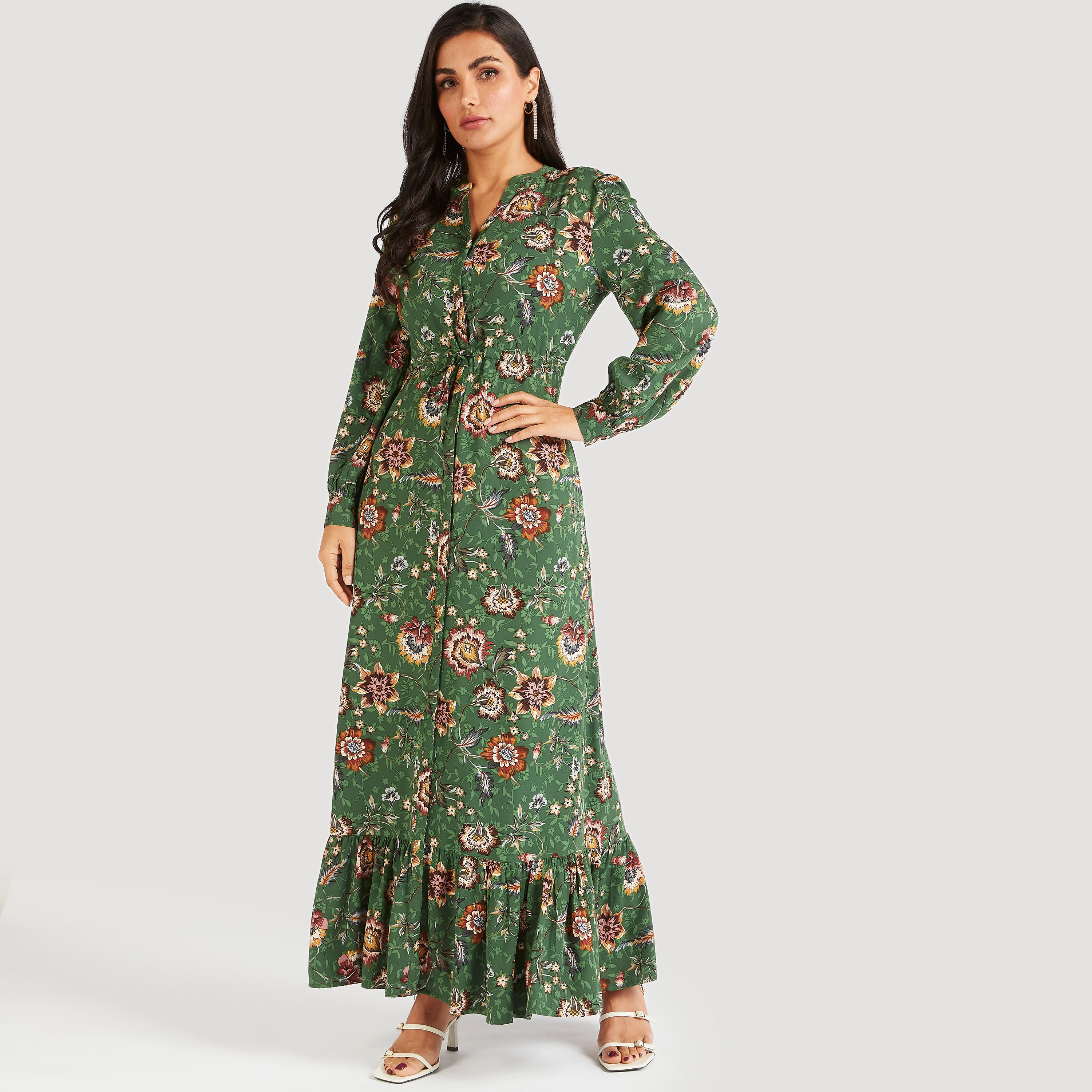 فستان إيه لاين طويل بطبعات أزهار ورباط إغلاق وكشكش من آيكونيك-women-clothing-dresses-image-2
