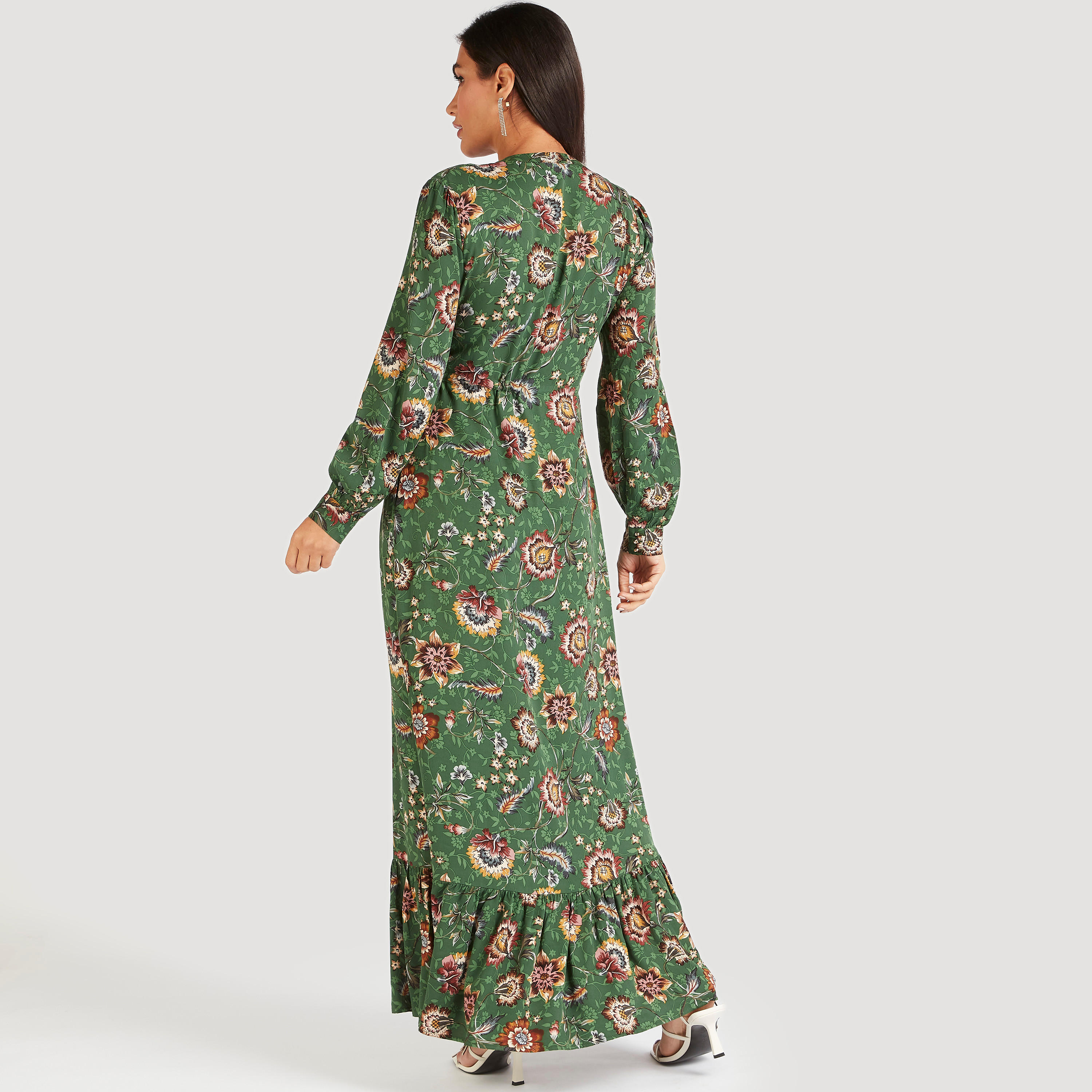 فستان إيه لاين طويل بطبعات أزهار ورباط إغلاق وكشكش من آيكونيك-women-clothing-dresses-image-4