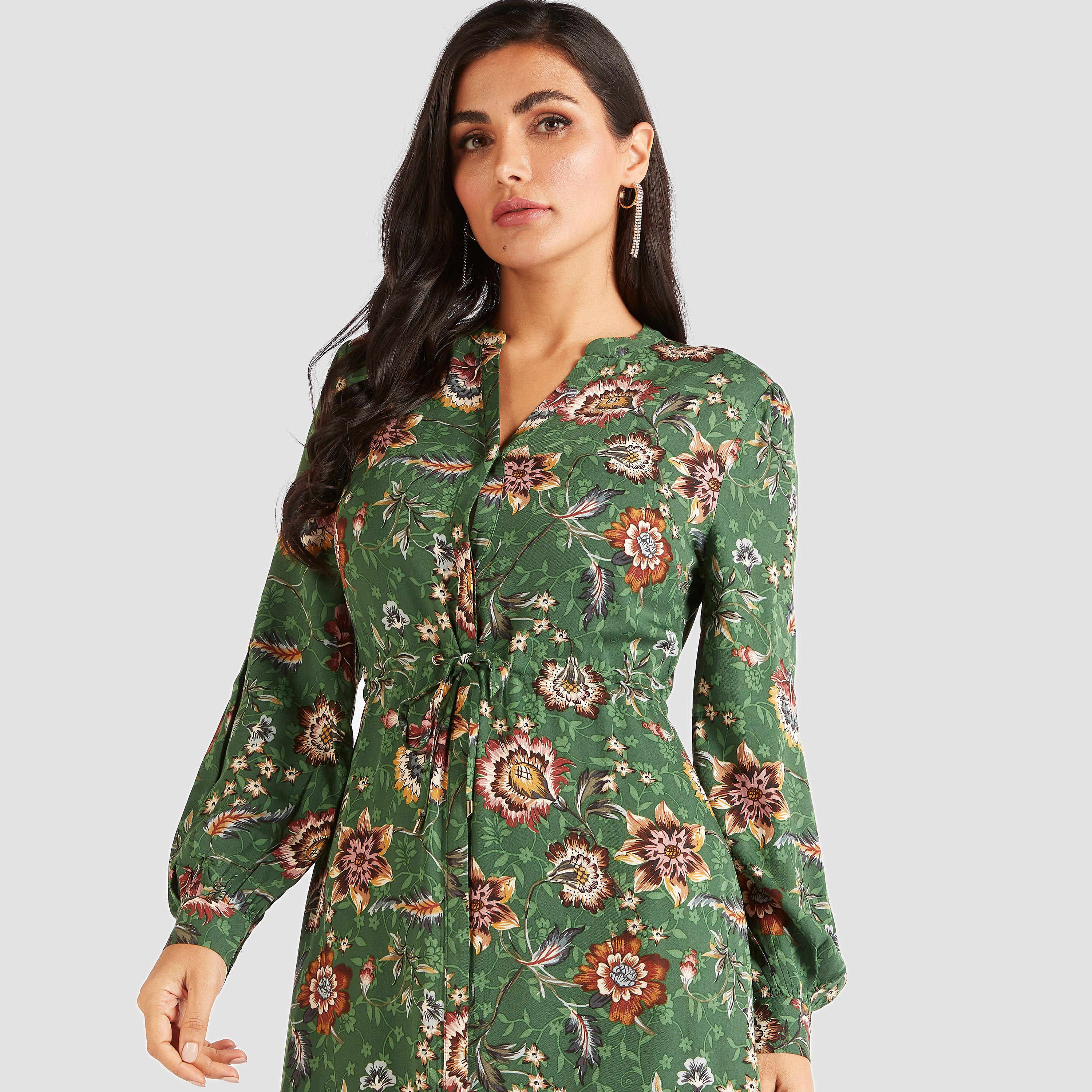 فستان إيه لاين طويل بطبعات أزهار ورباط إغلاق وكشكش من آيكونيك-women-clothing-dresses-image-5