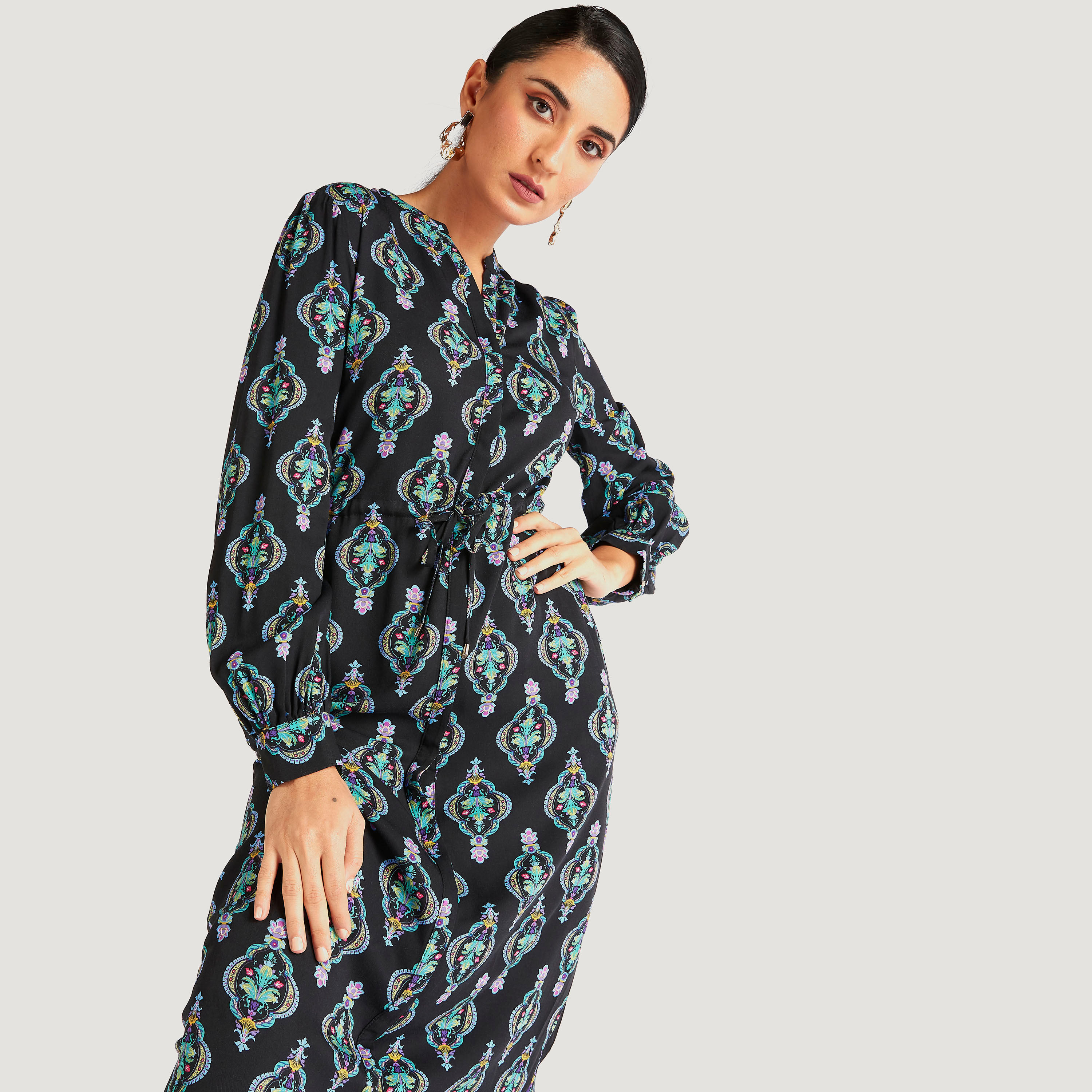 فستان إيه لاين طويل بطبعات وأكمام طويلة من آيكونيك-women-clothing-dresses-image-1