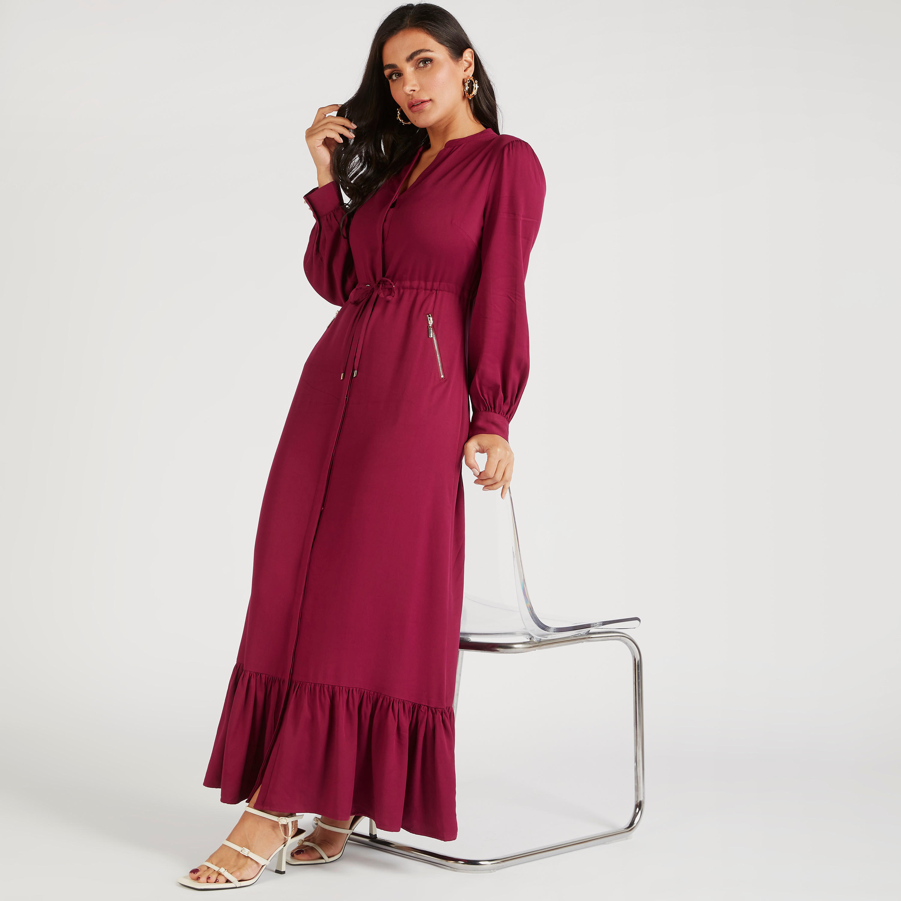 فستان إيه لاين سادة طويل برباط خصر من آيكونيك-women-clothing-dresses-image-6