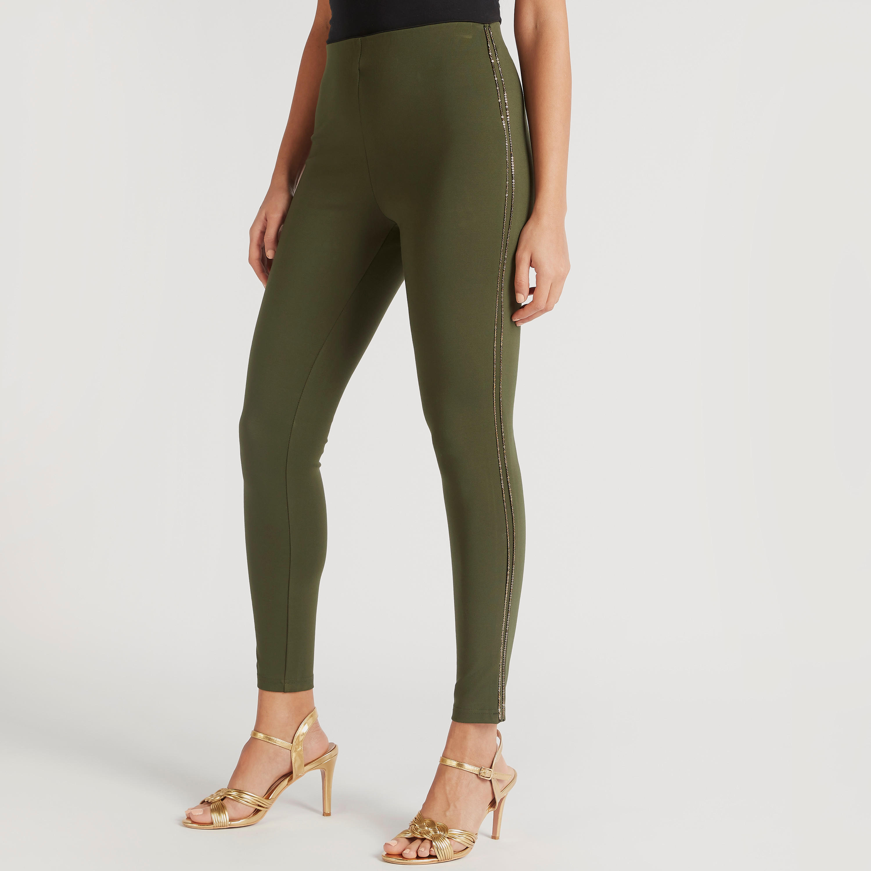 بنطلون ليقنز سادة بخصر مزيّن وتفاصيل شريطة مزيّنة-women-clothing-bottoms-leggings-image-1