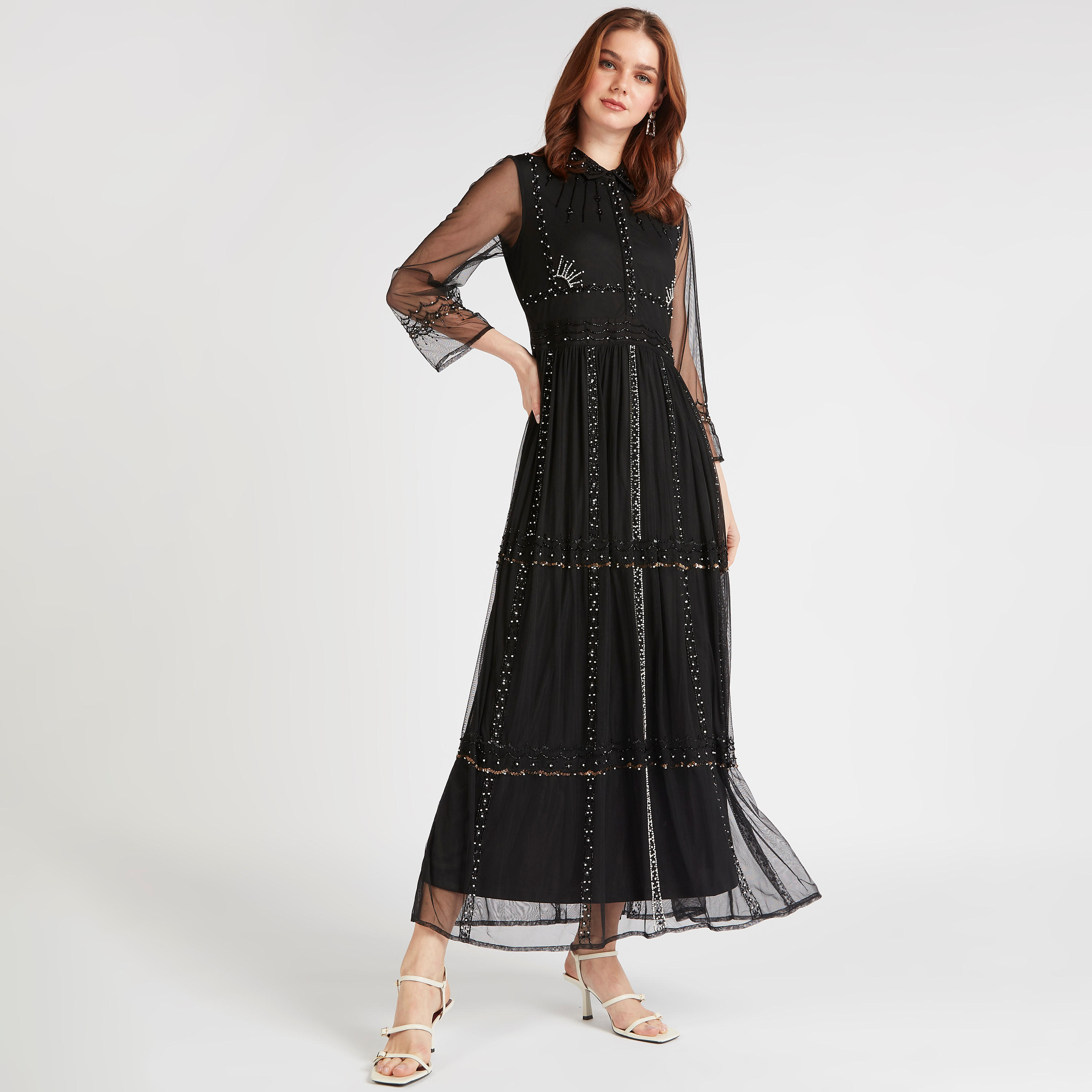 فستان إيه لاين طويل مزيّن بياقة عادية من آيكونيك-women-clothing-dresses-image-1