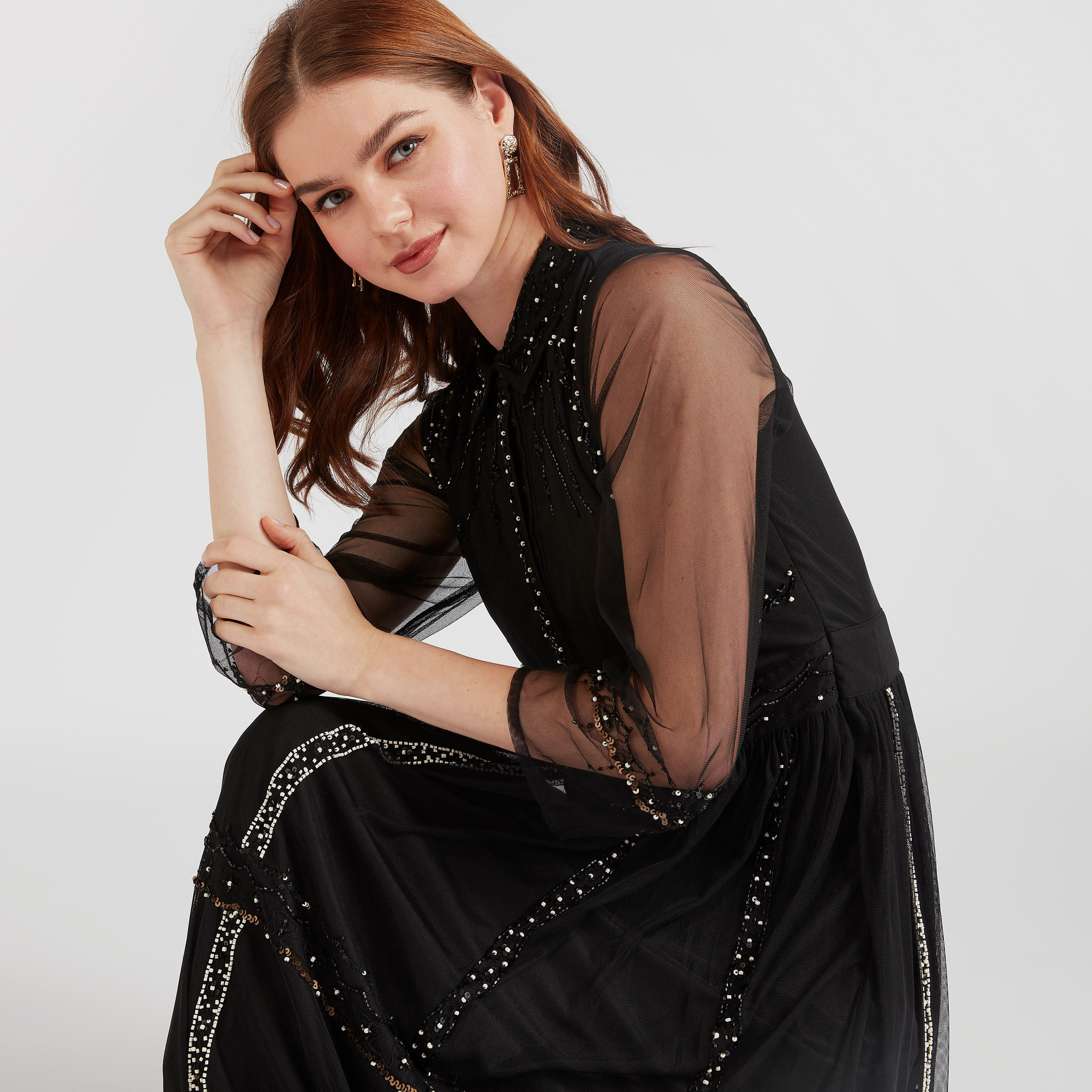 فستان إيه لاين طويل مزيّن بياقة عادية من آيكونيك-women-clothing-dresses-image-2