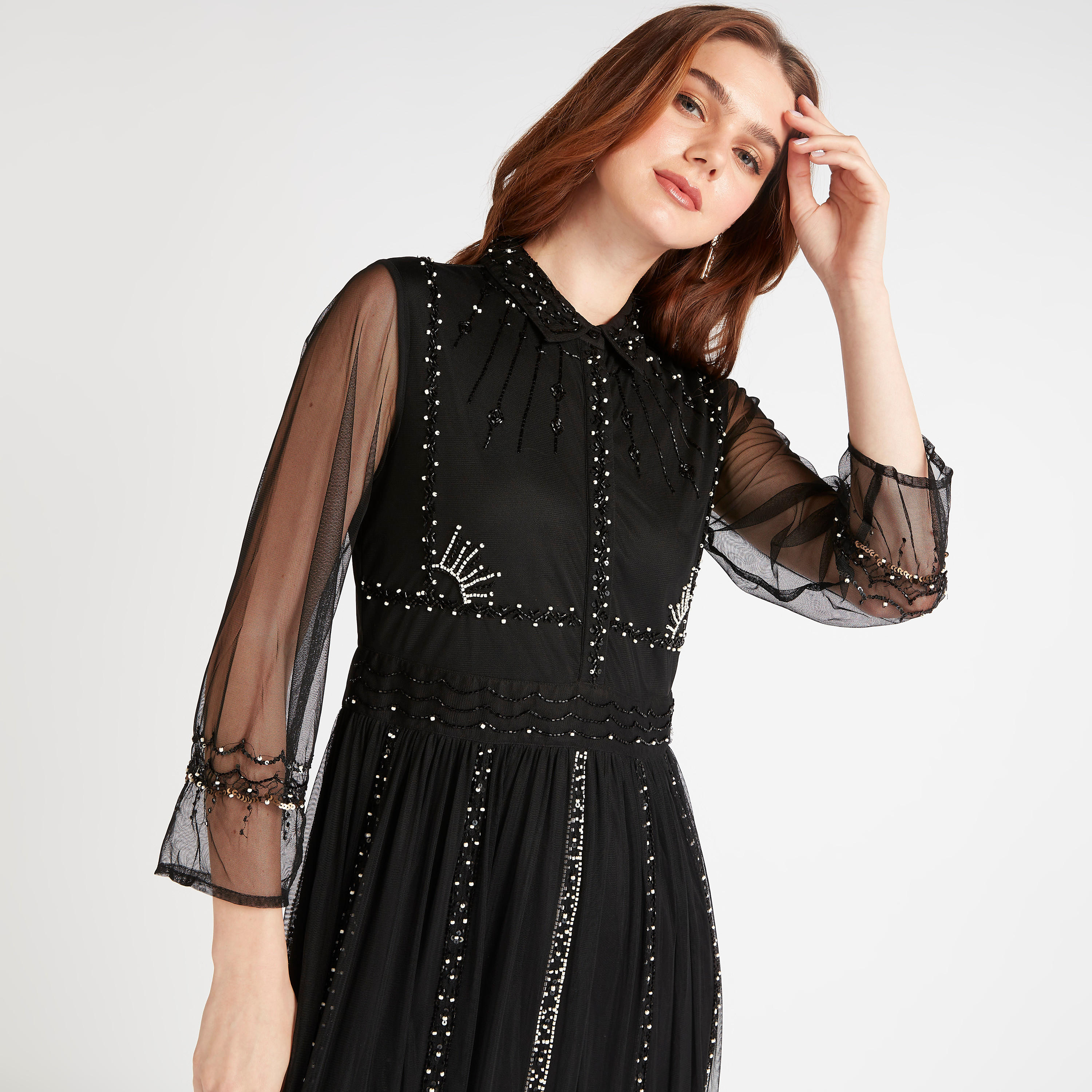 فستان إيه لاين طويل مزيّن بياقة عادية من آيكونيك-women-clothing-dresses-image-5