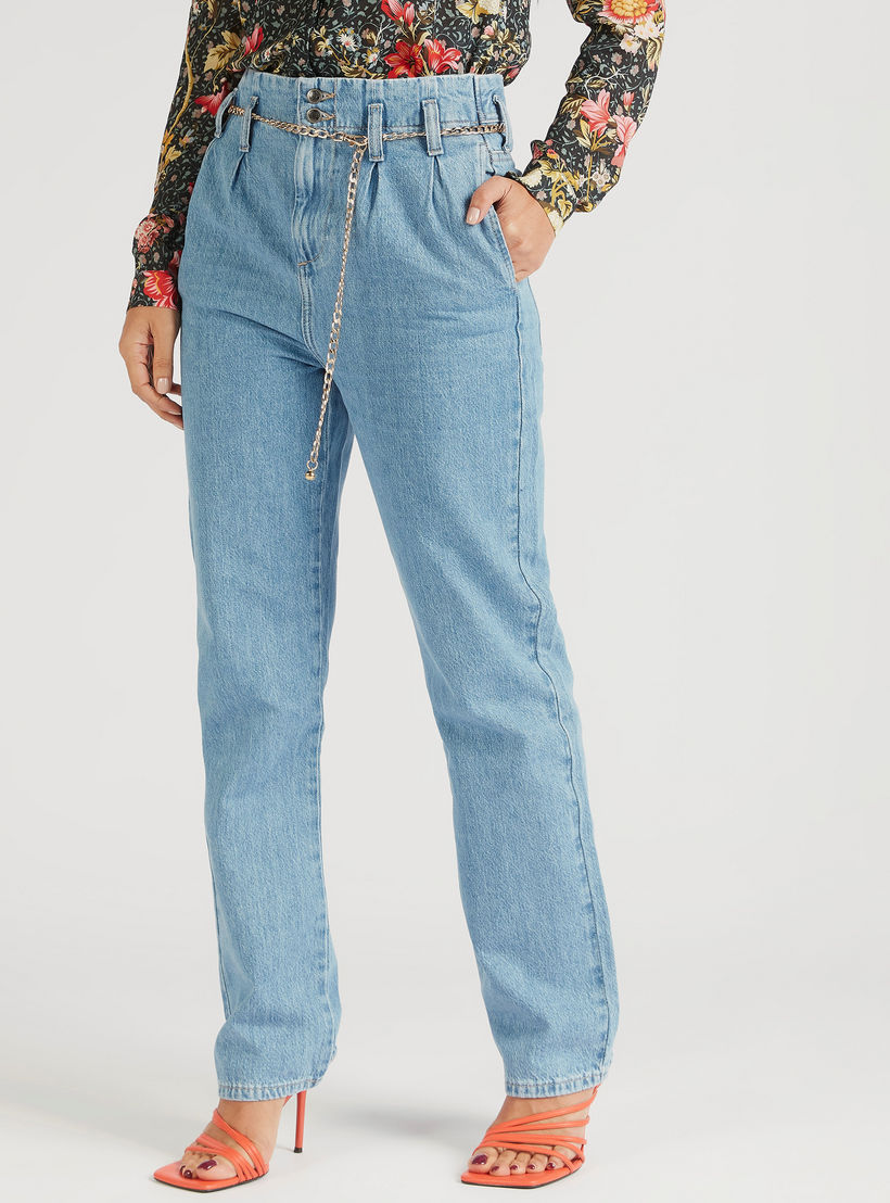 بنطلون جينز دينم مكشكش بخصر متوسط الارتفاع وجيوب وحزام سلسلة من أيكونك-women-clothing-bottoms-jeans-image-4