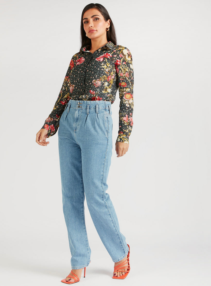 بنطلون جينز دينم مكشكش بخصر متوسط الارتفاع وجيوب وحزام سلسلة من أيكونك-women-clothing-bottoms-jeans-image-3