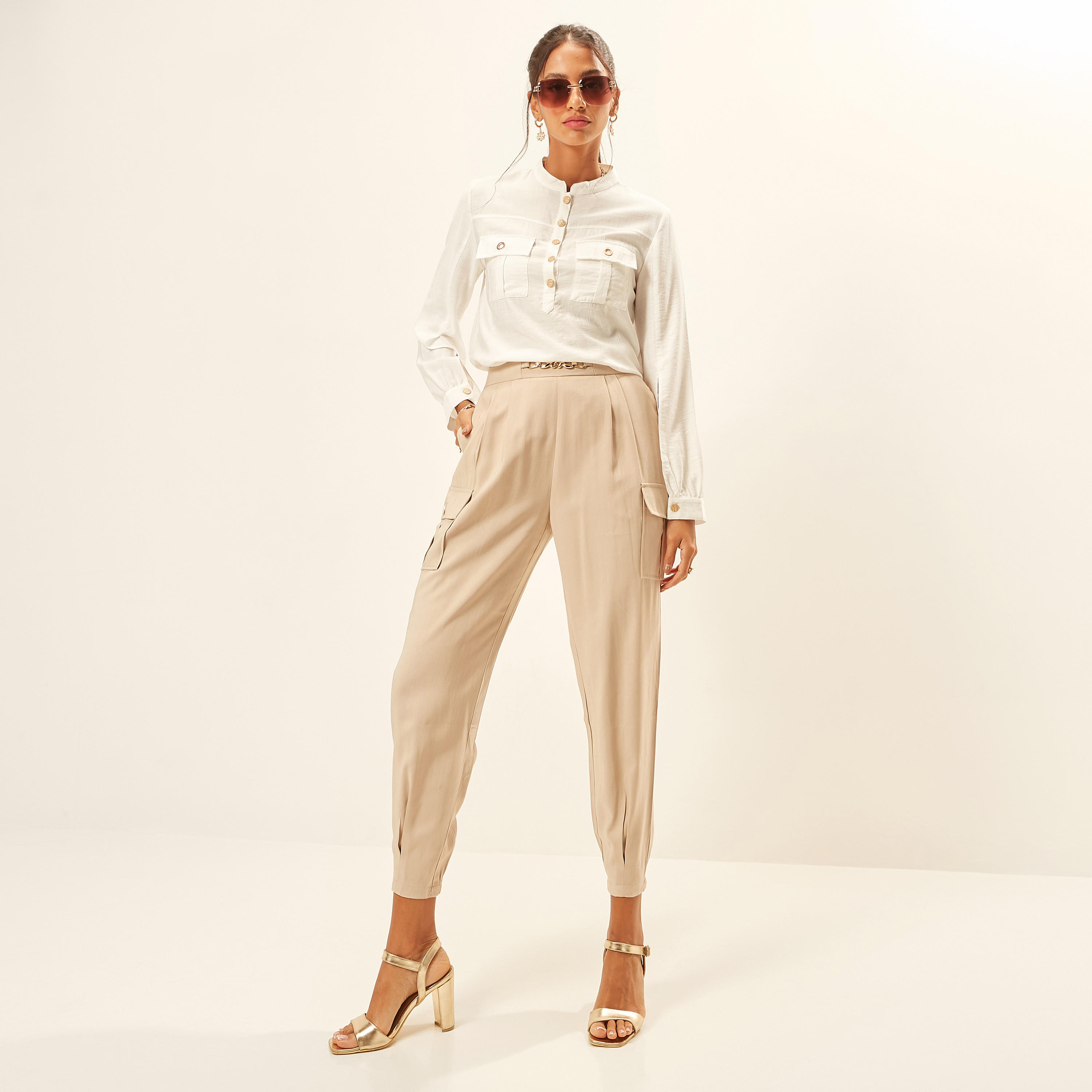 Iconic Chain Link Accent High Waist Cargo Pants with Zip Closure-women-clothing-trousers-image-2