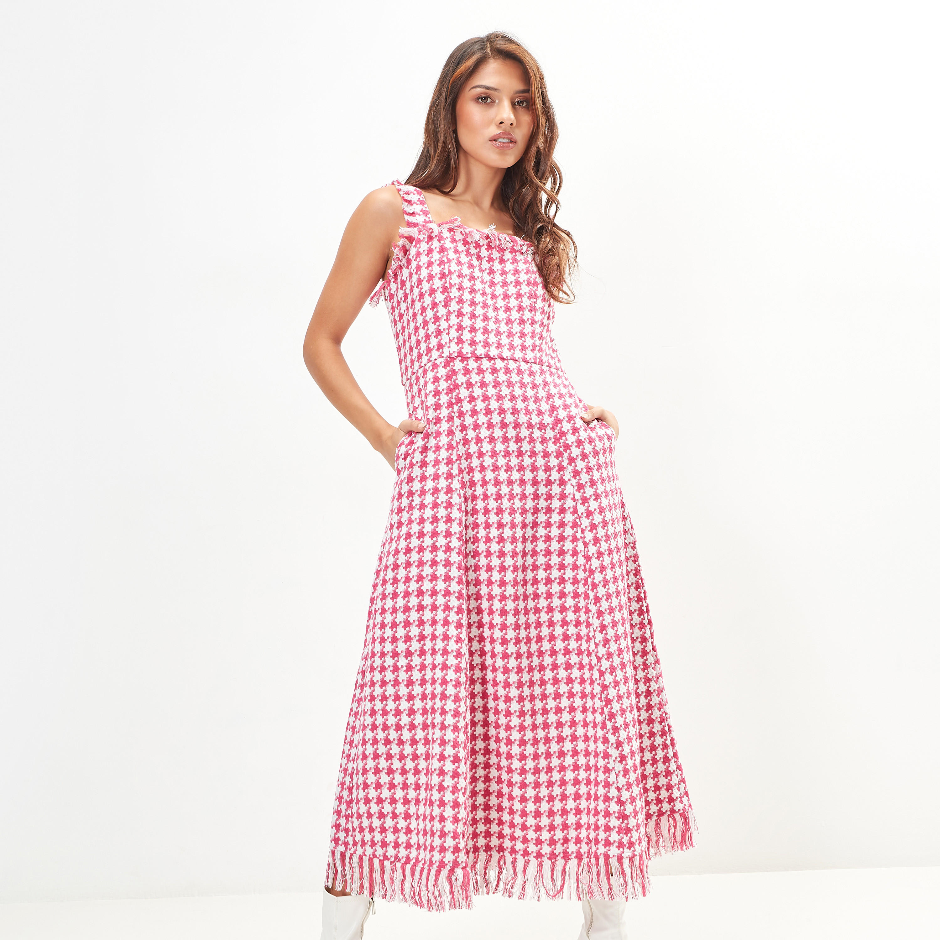 Houndstooth Tweed Sleeveless A-line Dress with Fringe Detail-women-clothing-dresses-image-1