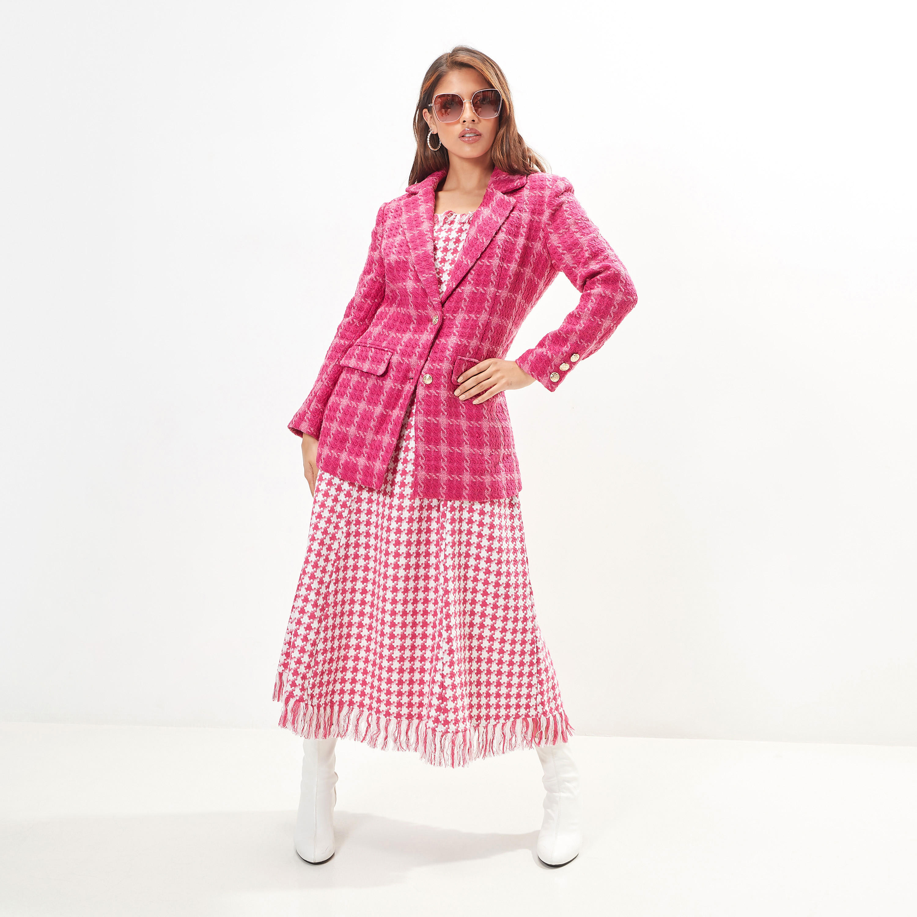 Houndstooth Tweed Sleeveless A-line Dress with Fringe Detail-women-clothing-dresses-image-2