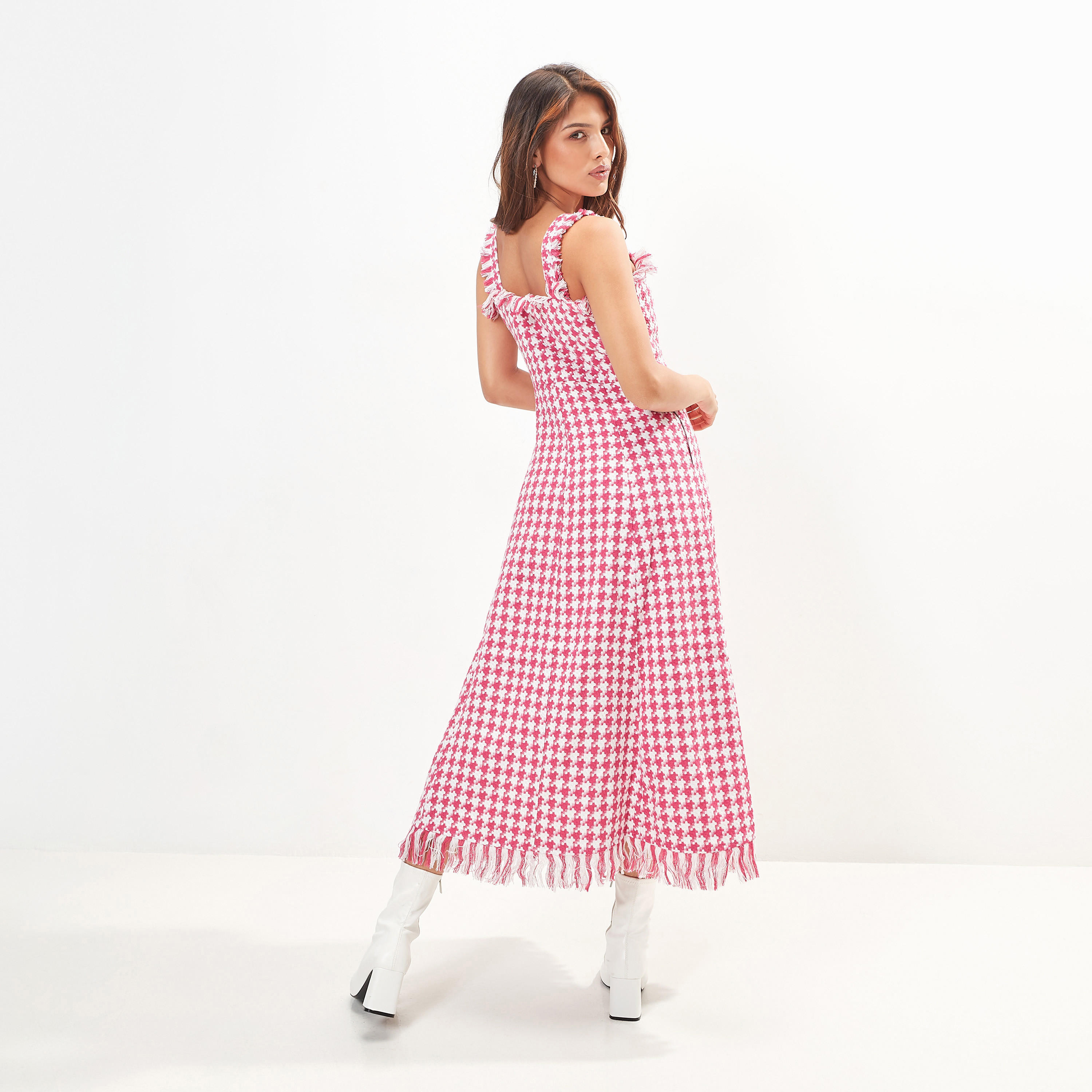 Houndstooth Tweed Sleeveless A-line Dress with Fringe Detail-women-clothing-dresses-image-4