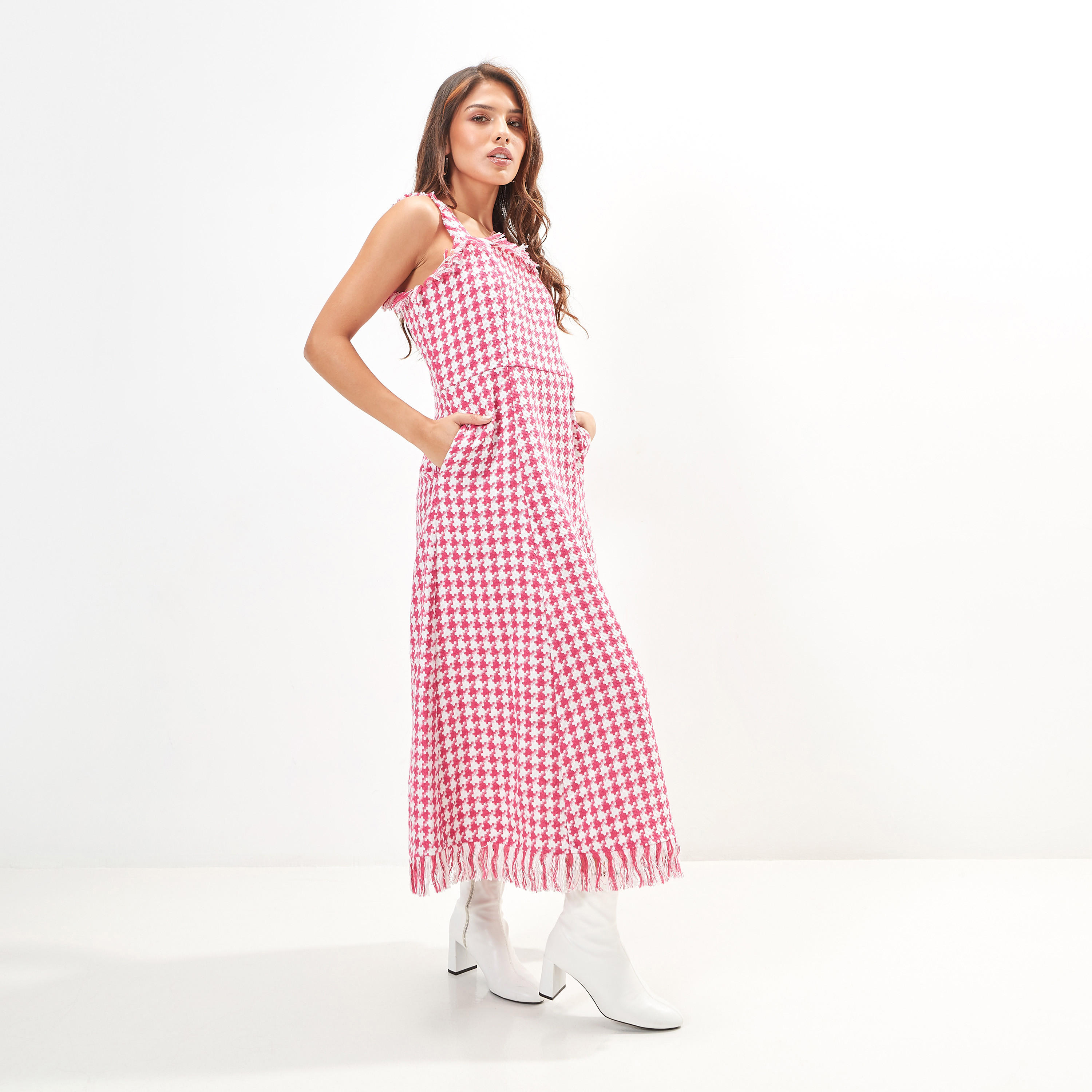 Houndstooth Tweed Sleeveless A-line Dress with Fringe Detail-women-clothing-dresses-image-5