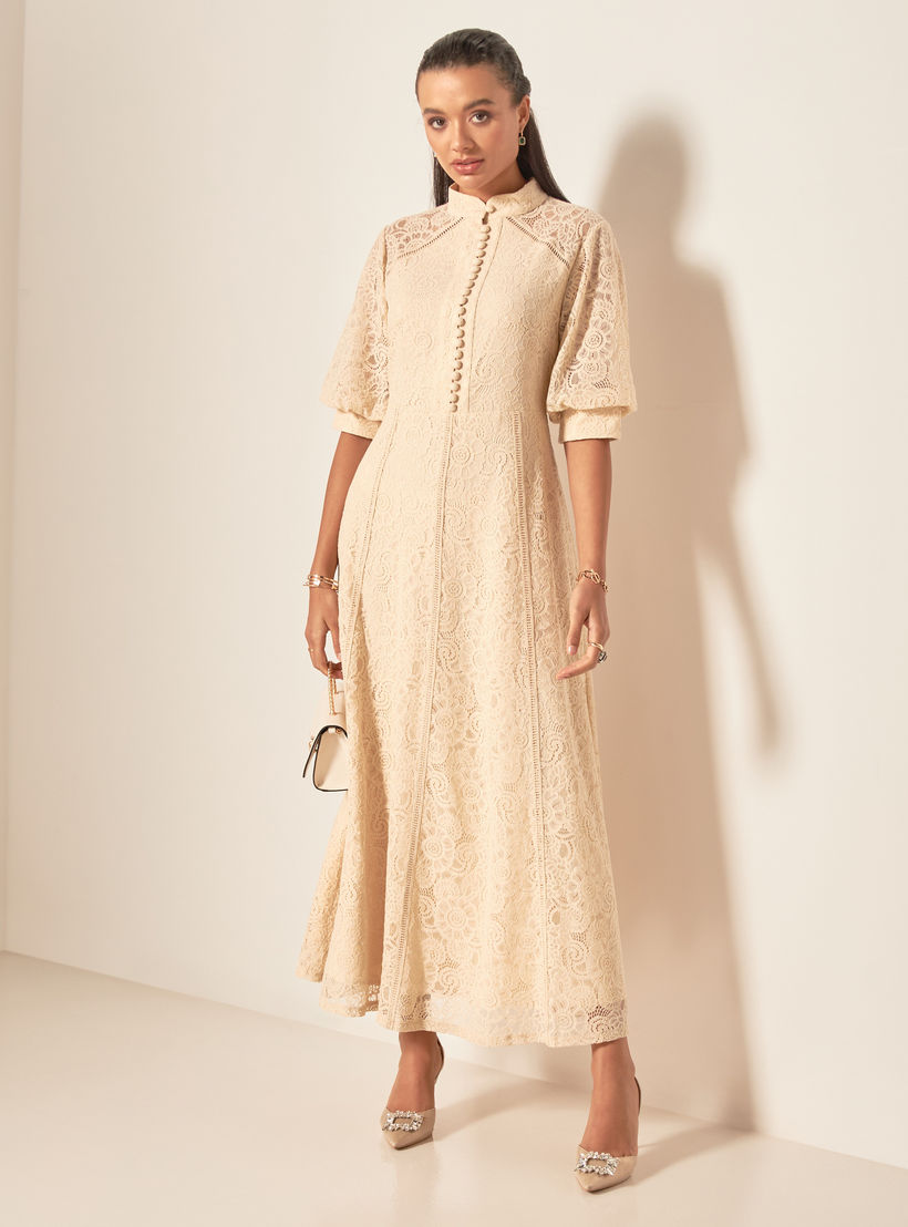 فستان طويل بياقة ماندارين وزر إغلاق وتفاصيل دانتيل من آيكونك-women-clothing-dresses-image-2