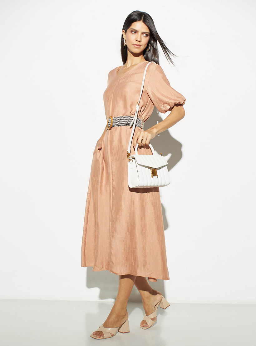 فستان متوسط الطول بارز الملمس بأكمام واسعة وجيوب-women-clothing-dresses-image-2