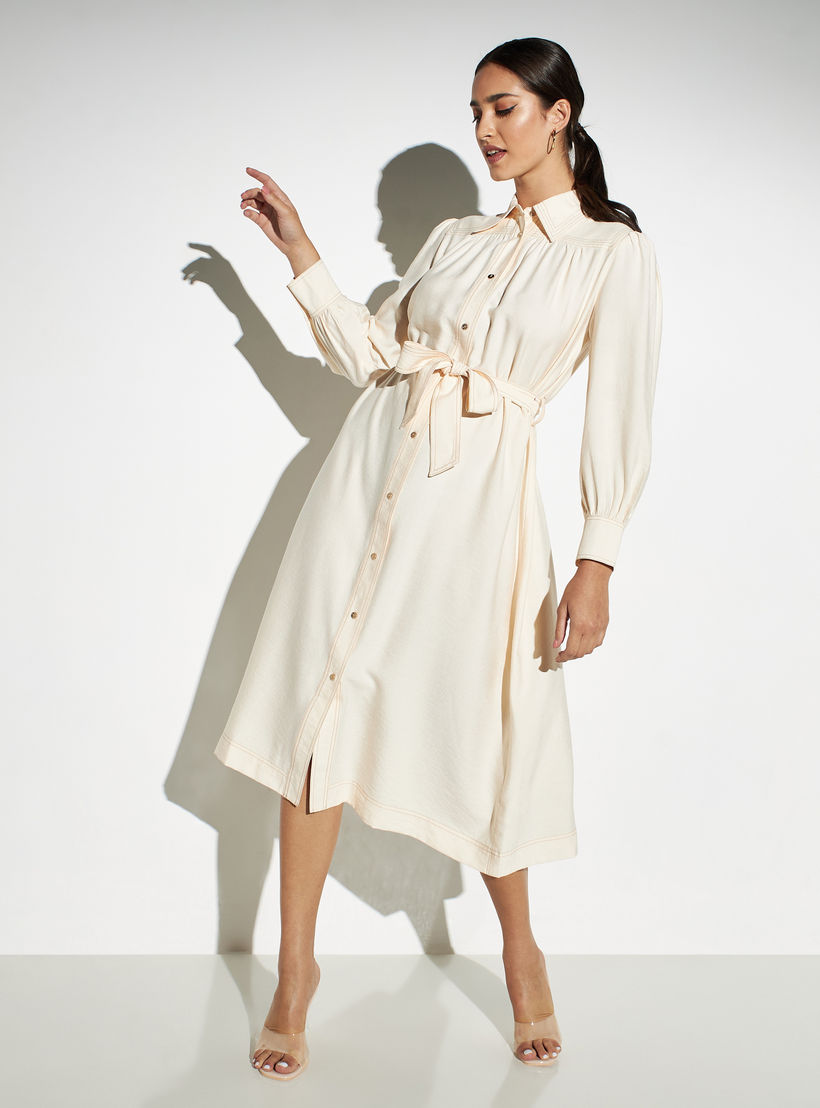 فستان سادة بأزرار بحزام ربط من أيكونيك-women-clothing-dresses-image-5