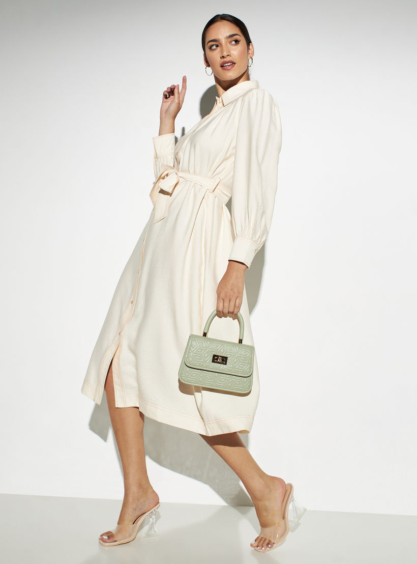 فستان سادة بأزرار بحزام ربط من أيكونيك-women-clothing-dresses-image-4