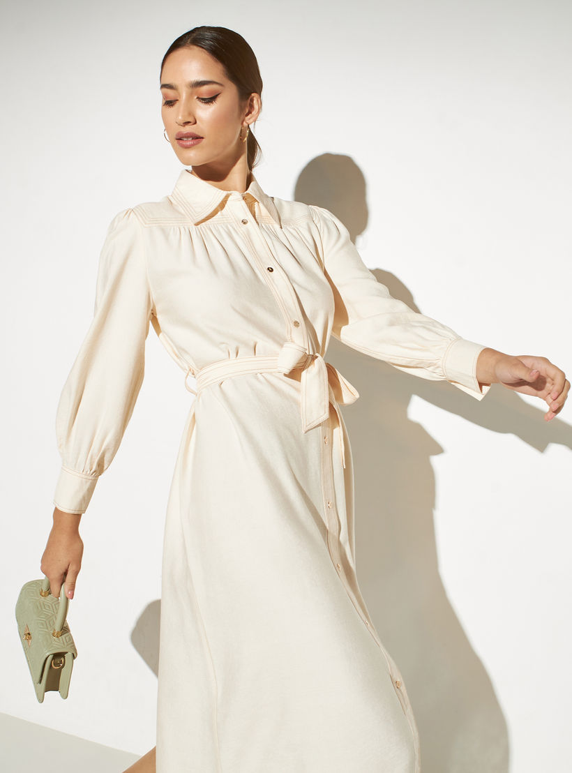 فستان سادة بأزرار بحزام ربط من أيكونيك-women-clothing-dresses-image-1