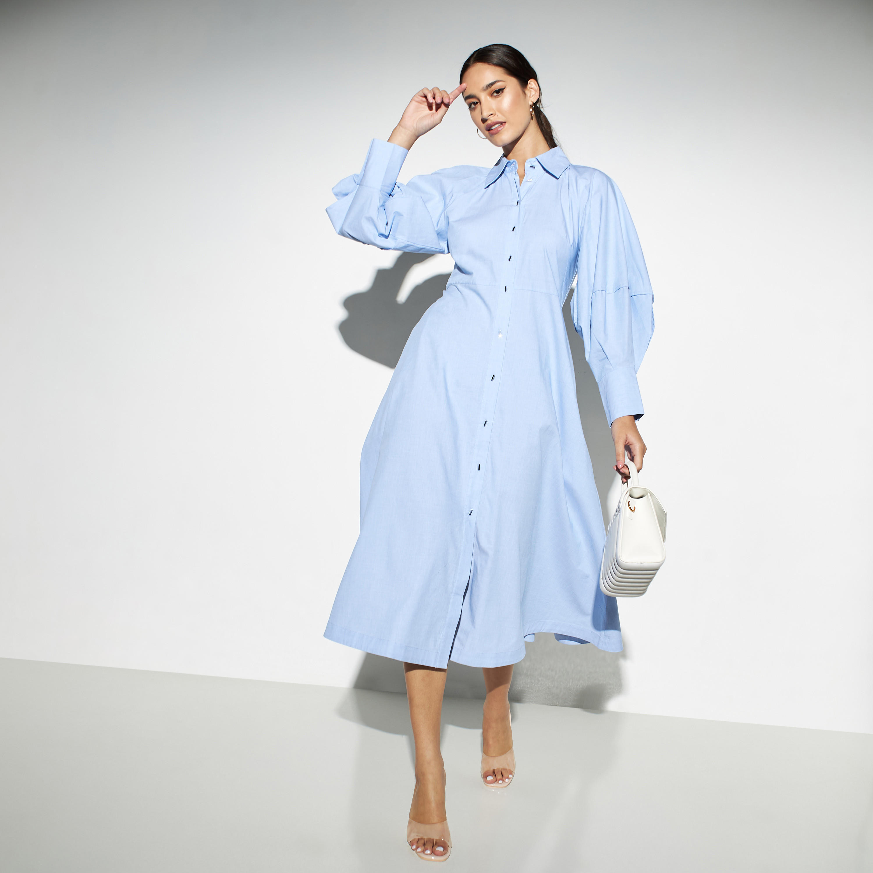 قميص سادة بزر إغلاق بأكمام كبيرة من آيكونك-women-clothing-dresses-image-5