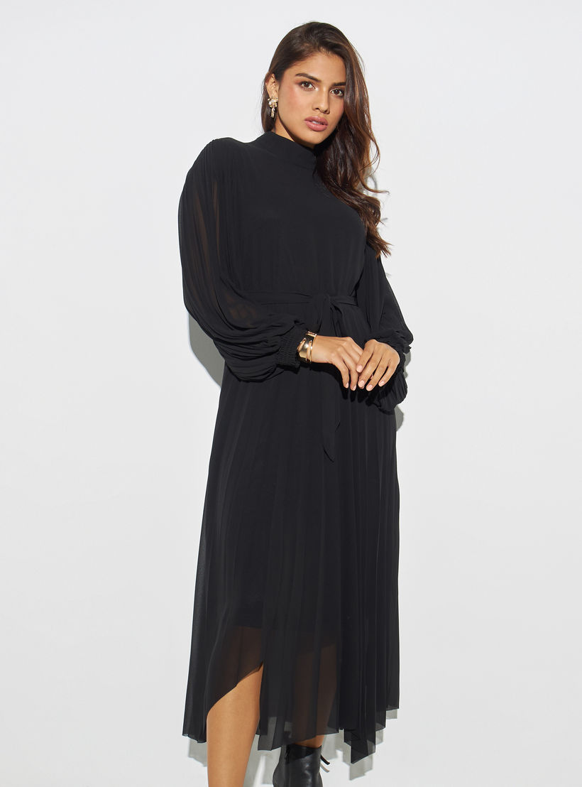 فستان بكسرات وحواف غير متماثلة وأكمام منفوخة وأربطة من آيكونيك-women-clothing-dresses-image-1