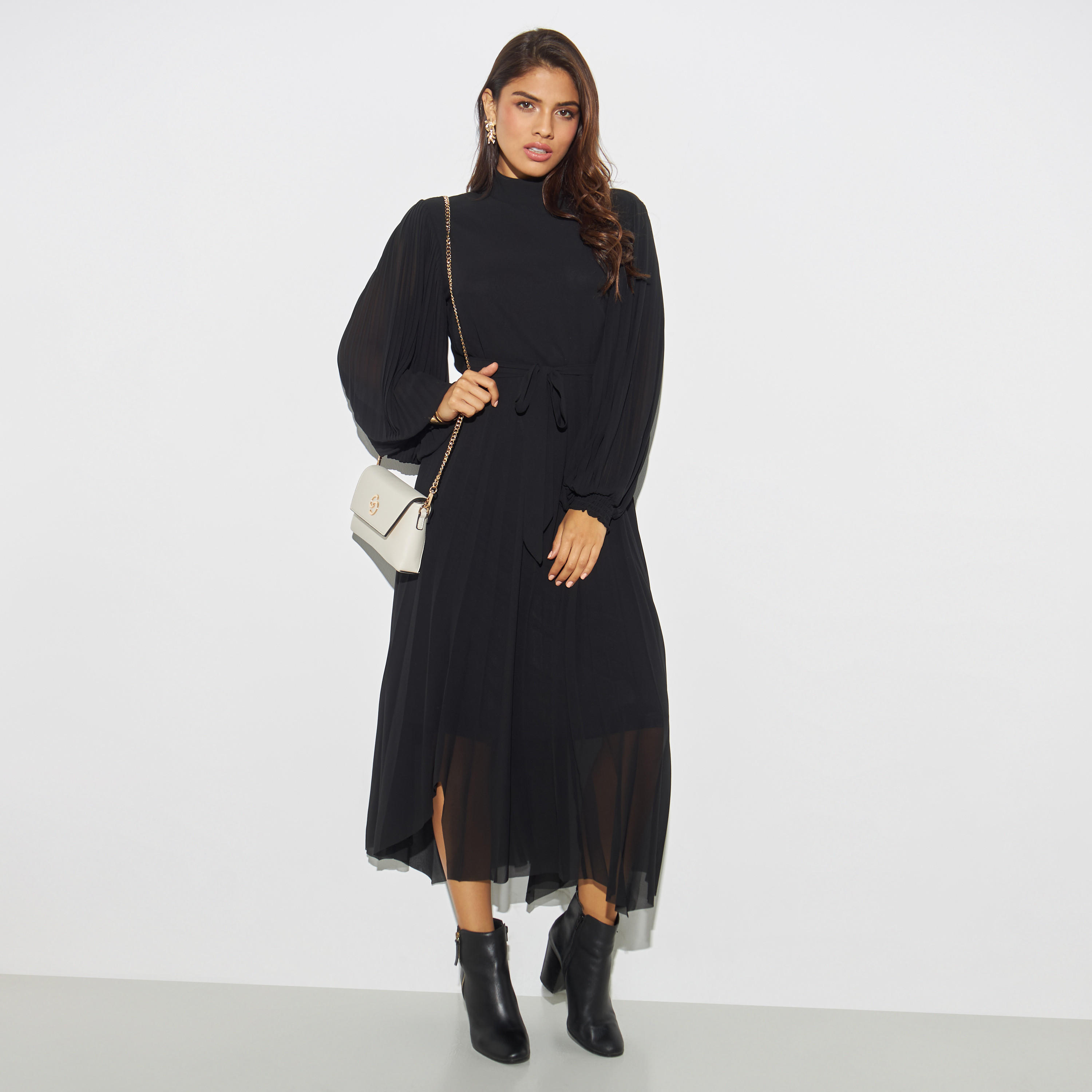 فستان بكسرات وحواف غير متماثلة وأكمام منفوخة وأربطة من آيكونيك-women-clothing-dresses-image-2