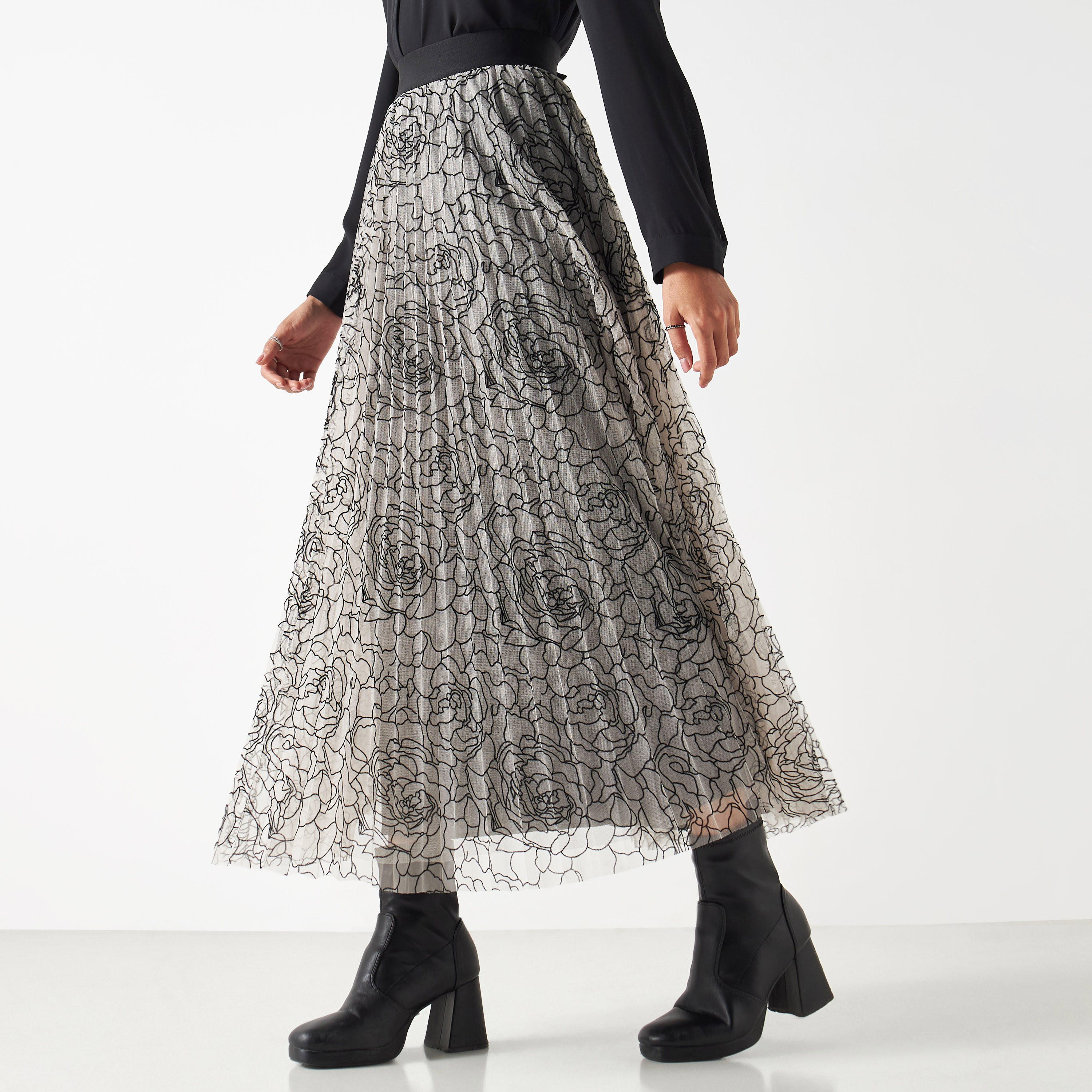 تنورة إيه لاين بطبعات زهور وحزام خصر مطاطي-women-clothing-bottoms-skirts-image-1