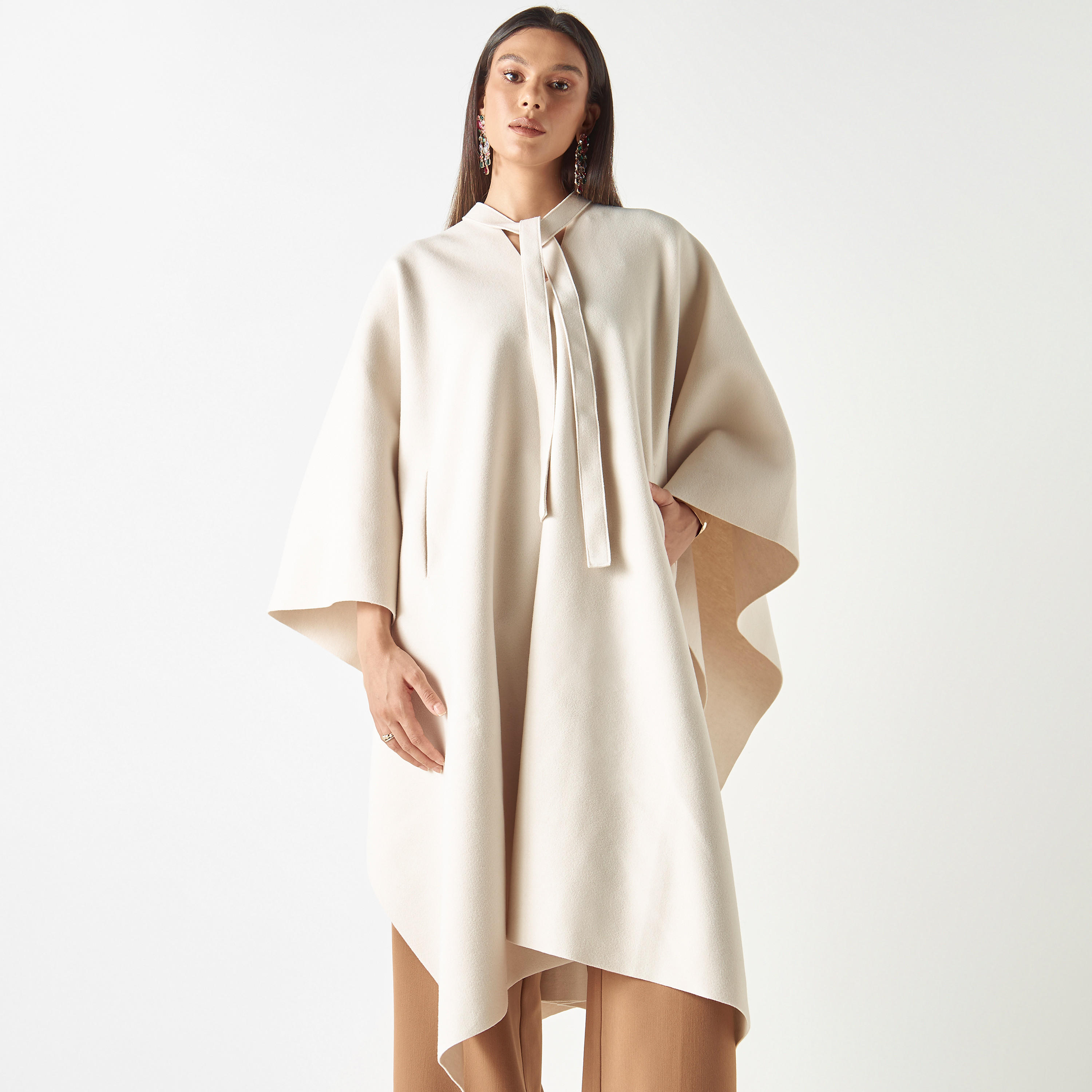 Iconic Solid Felt Poncho with Tie-Ups and Pockets-women-winterwear-cardigansandjumpers-cardigans-image-1