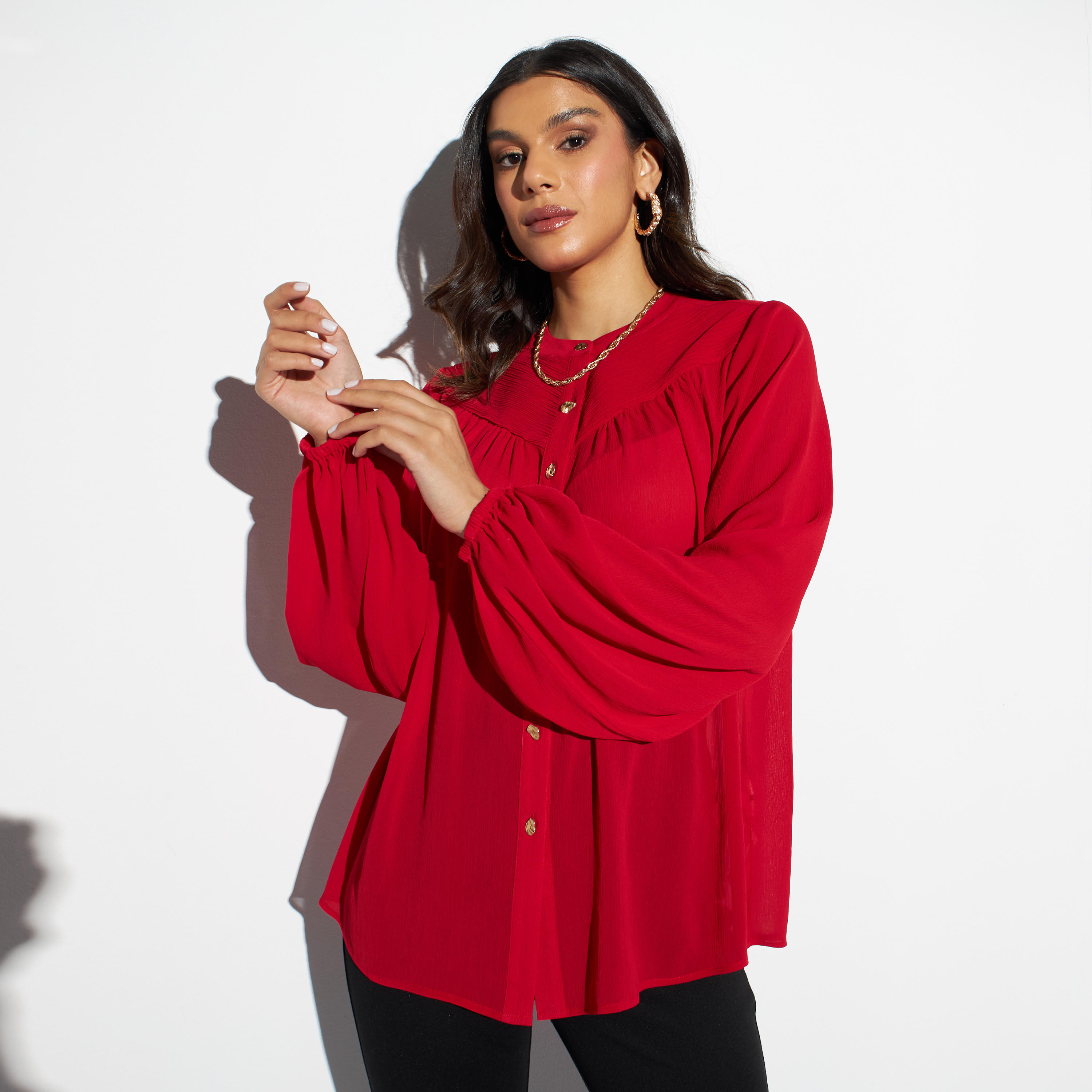 Iconic Solid Button Through Top with Volume Sleeves-women-clothing-shirtsandblouses-blouses-image-1