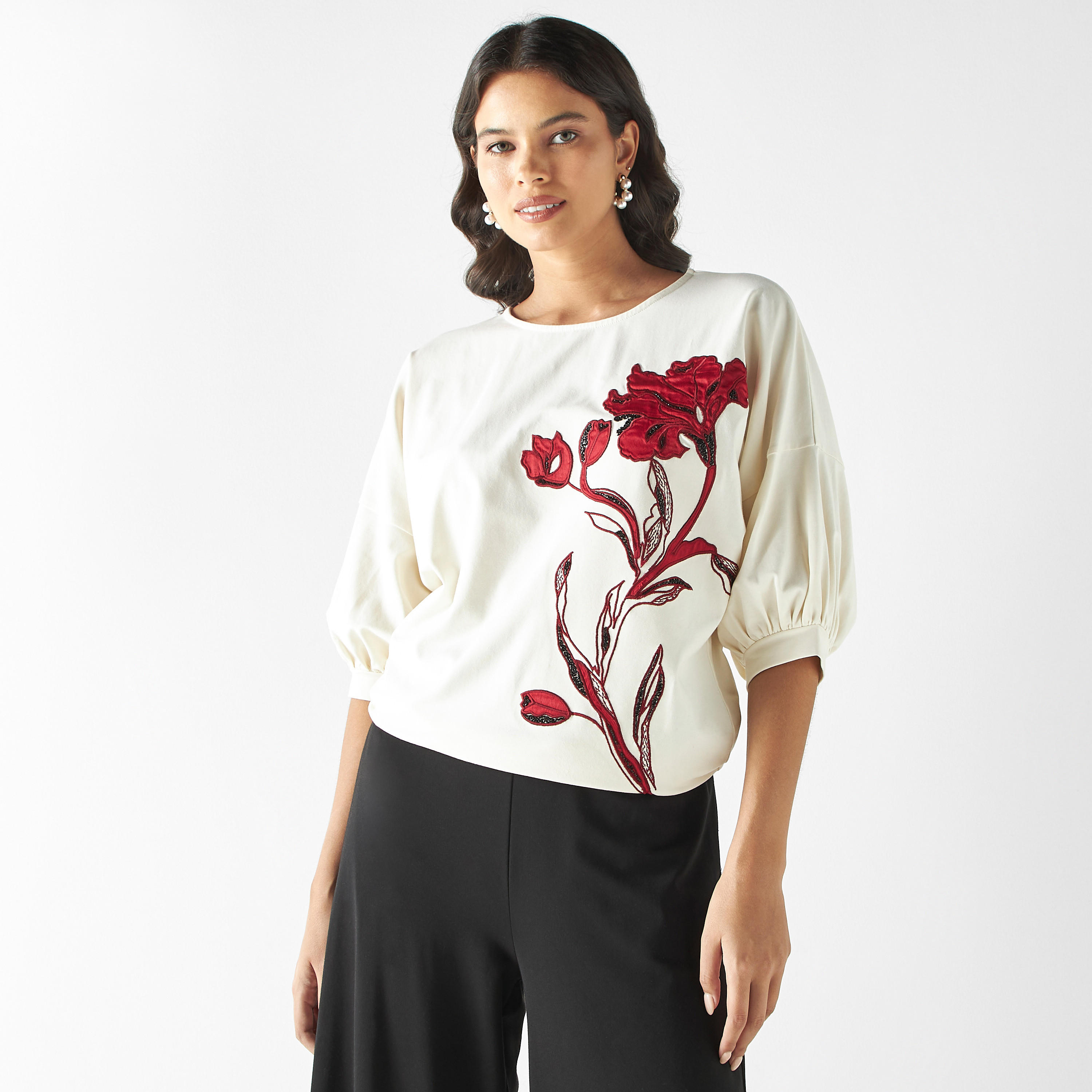 سويت شيرت بأكمام بأكتاف منسدلة وزخارف أزهار من آيكونيك-women-winterwear-hoodiesandsweatshirts-sweatshirts-image-4
