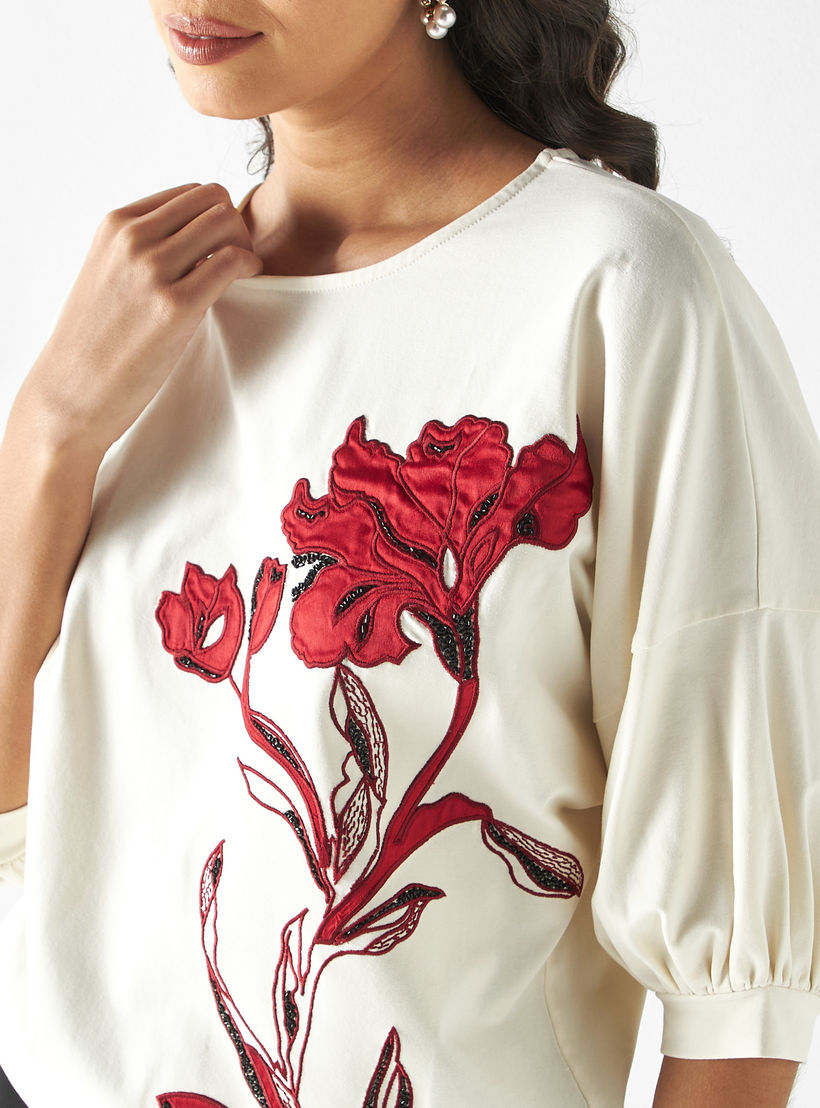 سويت شيرت بأكمام بأكتاف منسدلة وزخارف أزهار من آيكونيك-women-winterwear-hoodiesandsweatshirts-sweatshirts-image-1
