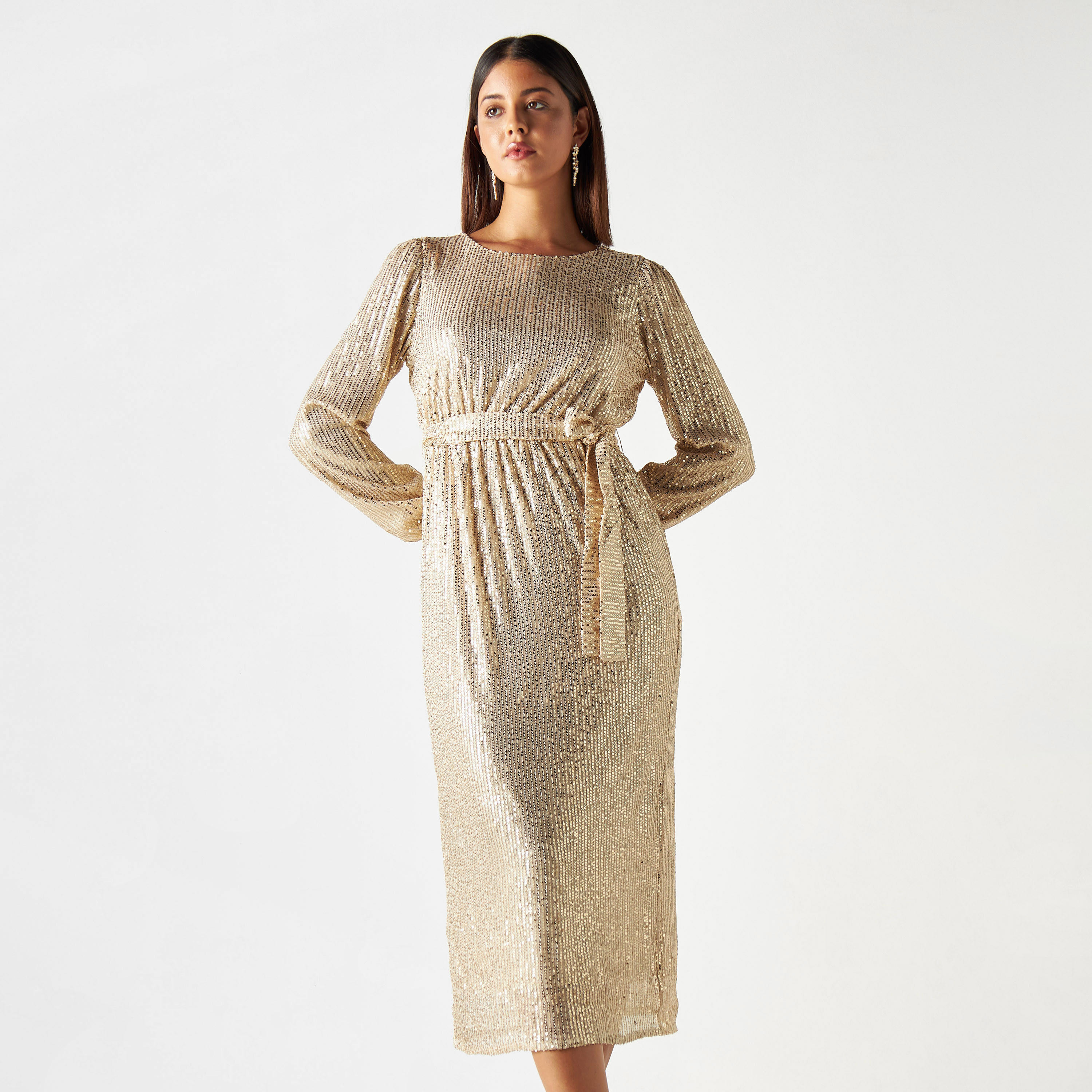 فستان مزيّن بحزام ربط وأكمام طويلة من آيكونيك-women-clothing-dresses-image-1