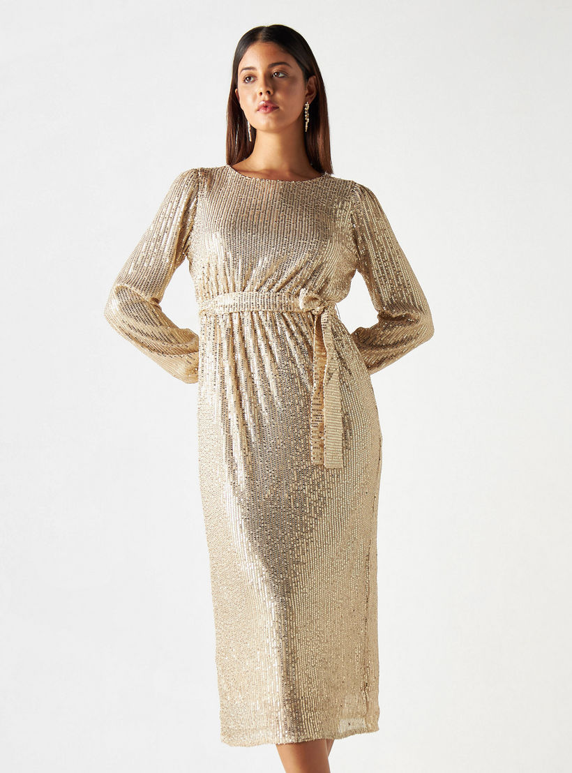 فستان مزيّن بحزام ربط وأكمام طويلة من آيكونيك-women-clothing-dresses-image-1