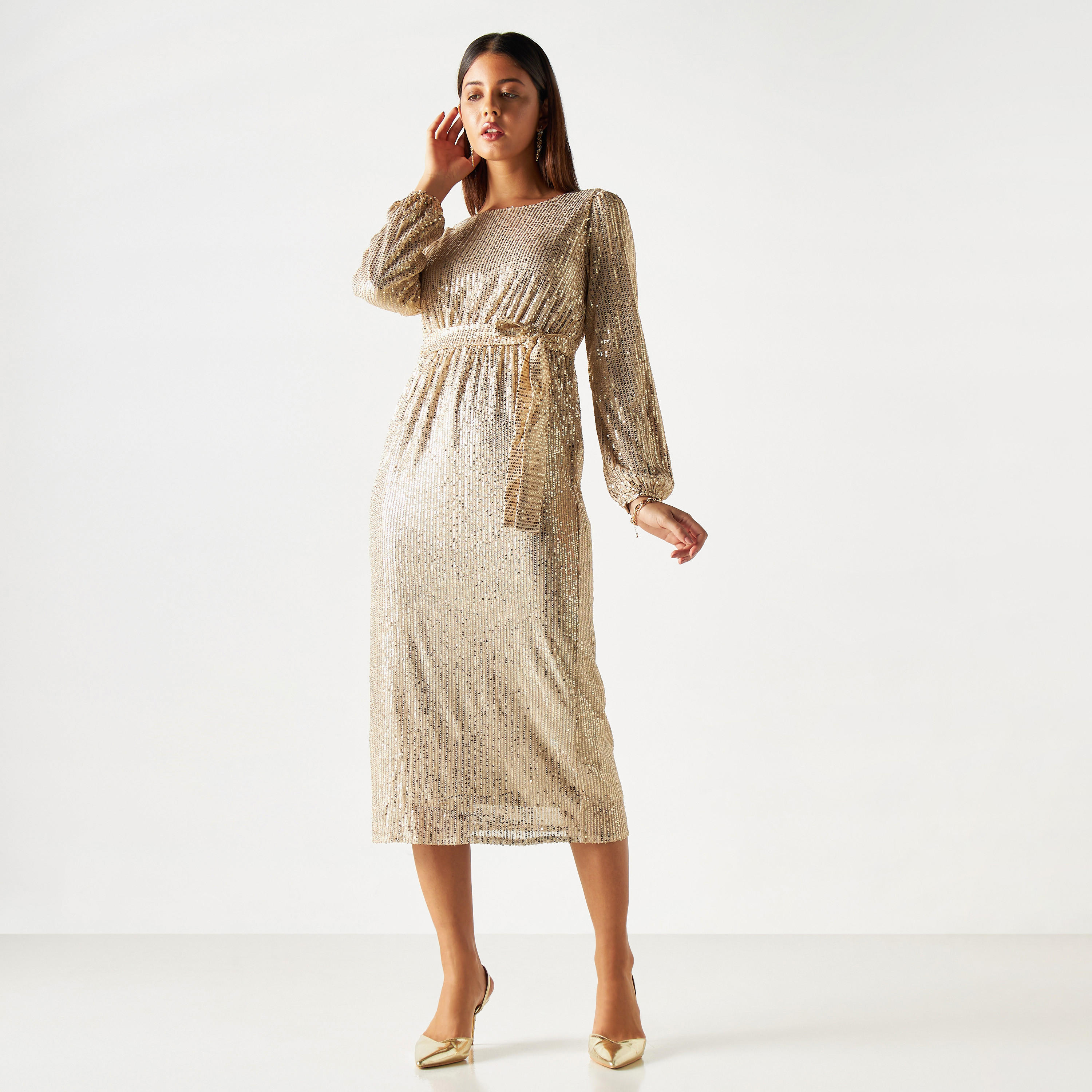 فستان مزيّن بحزام ربط وأكمام طويلة من آيكونيك-women-clothing-dresses-image-2