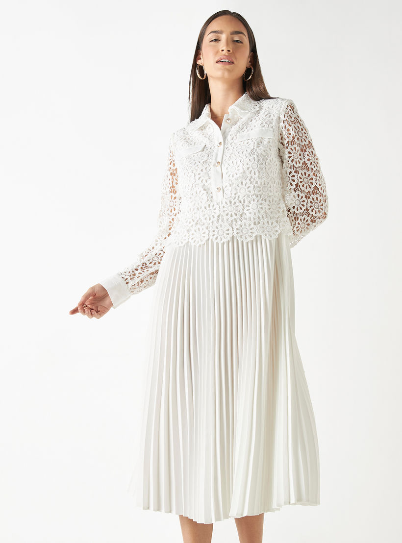 فستان إيه لاين بكُسرات وياقة عادية وأكمام طويلة ودانتيل من آيكونيك-women-clothing-dresses-image-1