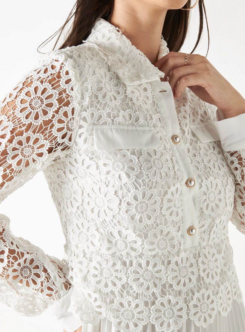 فستان إيه لاين بكُسرات وياقة عادية وأكمام طويلة ودانتيل من آيكونيك-women-clothing-dresses-image-4