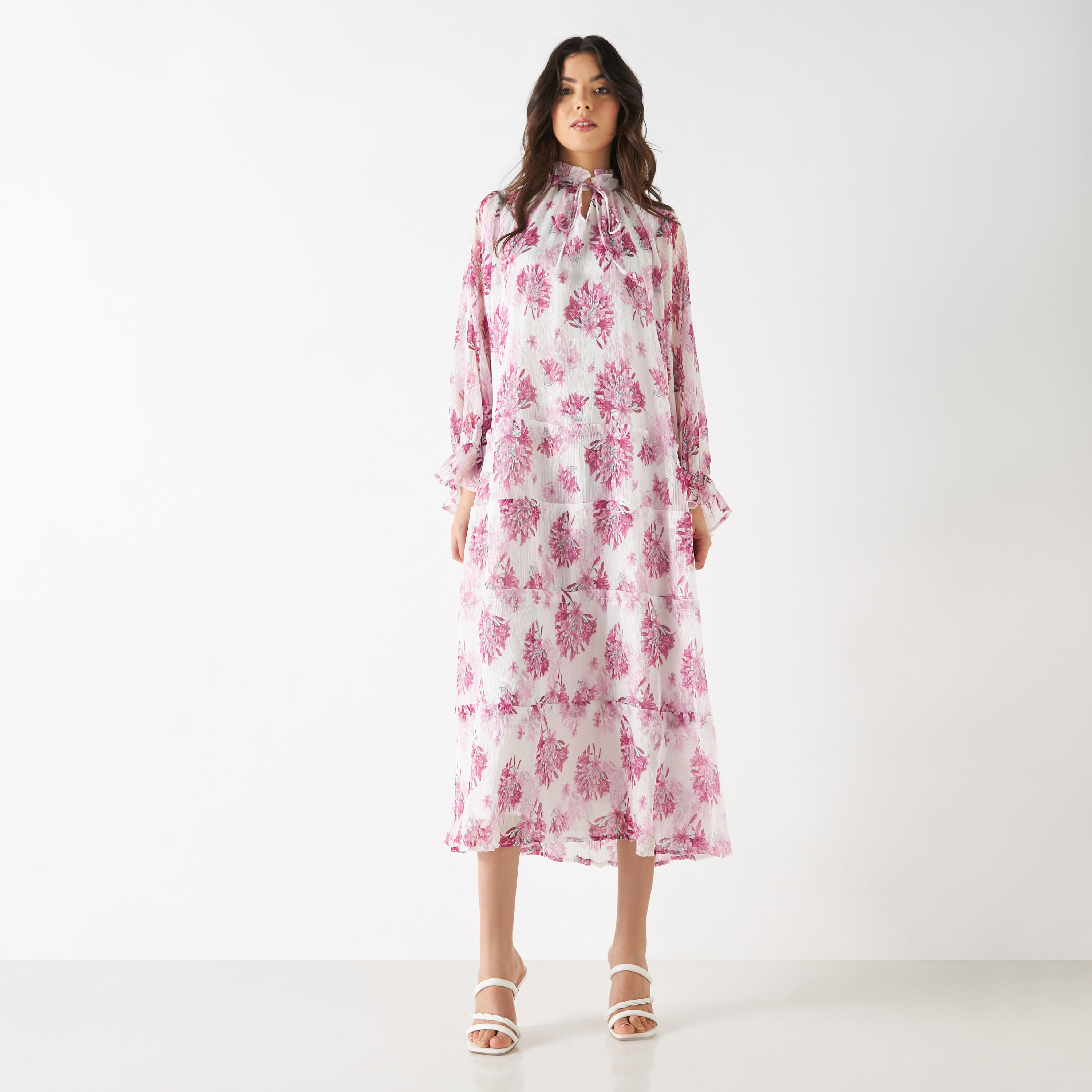 Iconic All-Over Floral Print Tiered Dress with Long Sleeves and Neck Tie-Ups-women-clothing-dresses-image-5